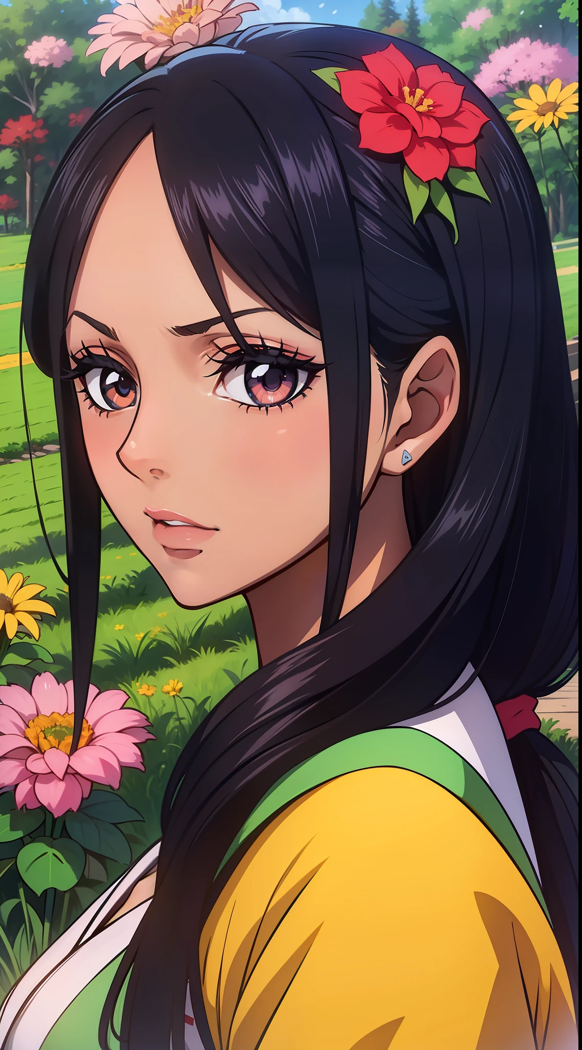 (a young woman:1.2)| (a girl:1.1), dark skin, portrait, makeup, super detailed, anime style, green and flowery field, direct look, contoured.