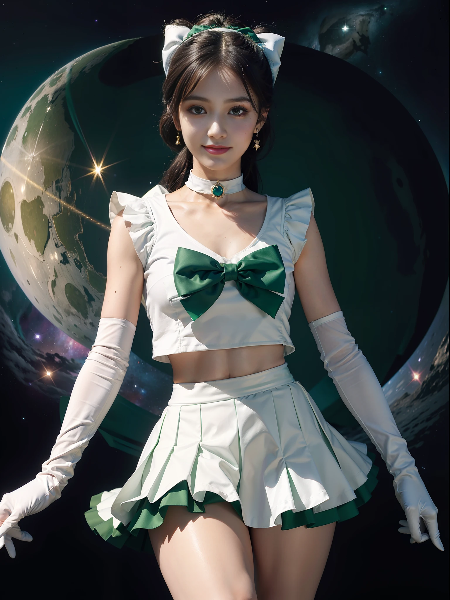masterpiece,best quality,absurdres,perfect anatomy,sama1,tiara,Sailor Moon Jupiter,white gloves,green sailor collar,green skirt,star choker,elbow gloves,pleated skirt,bare legs,purple bow,space,moon,cowboy shot,smile,flame bow,