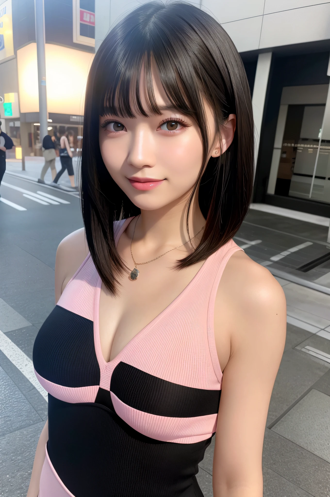 (RAW Photos: 1.2), (Photorealistic: 1.4), (Best Quality: 1.4), Ultra High Resolution, (Detailed Eyes), (Detailed Facial Features), (Detailed Clothing Features), HDR, 8K Resolution, Solo Focus, Bangs, Skin Tightening, (Slender Girl), Dreamy, Japan Person,
(ultra-fine illustration), check commentary, explanation request, landscape, no text,
Virtual Girl Aim, Medium, Straight Hair, Short Hair, Black Hair, Black Eyes,
1 girl,
crystal pendant,
pink tight bodysuit,
cute, sexy,
(smile),