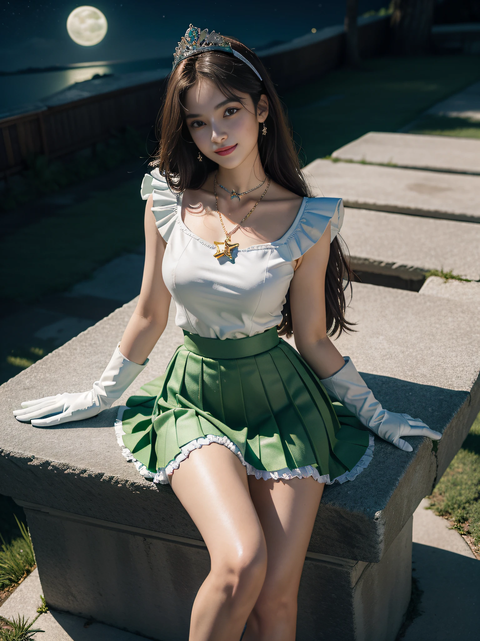 Masterpiece, best quality, absurdity, perfect anatomy, sama1, tiara, sailor Moon Jupiter, white gloves, green sailor collar, green skirt, star necklace, elbow gloves, pleated skirt, bare legs, purple bow, space, moon, cowboy shooting, smile, flame bow, sitting, full body