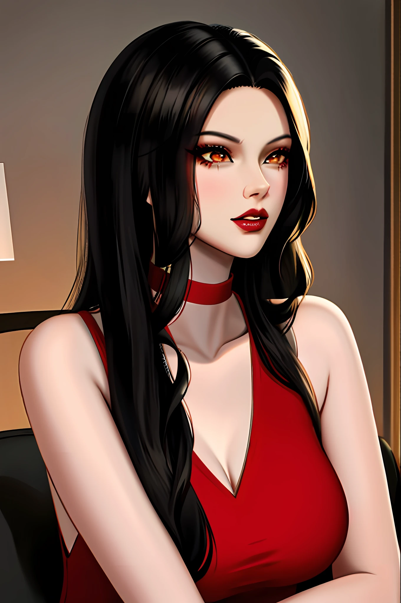 bella goth from sims 4, black hair, dark skintone, red dress