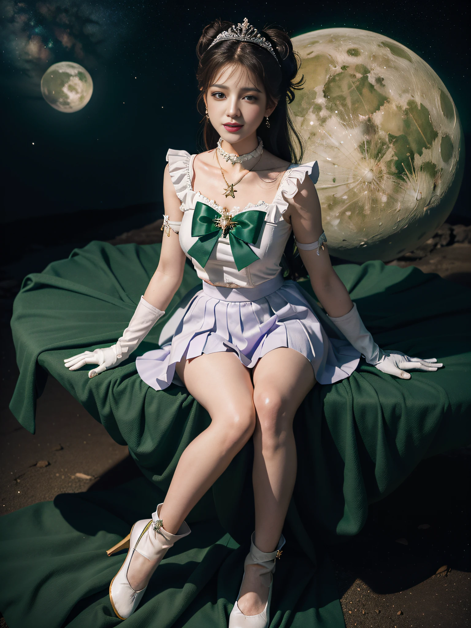 Masterpiece, best quality, absurdity, perfect anatomy, sama1, tiara, sailor Moon Jupiter, white gloves, green sailor collar, green skirt, star necklace, elbow gloves, pleated skirt, bare legs, purple bow, space, moon, cowboy shooting, smile, flame bow, sitting, full body