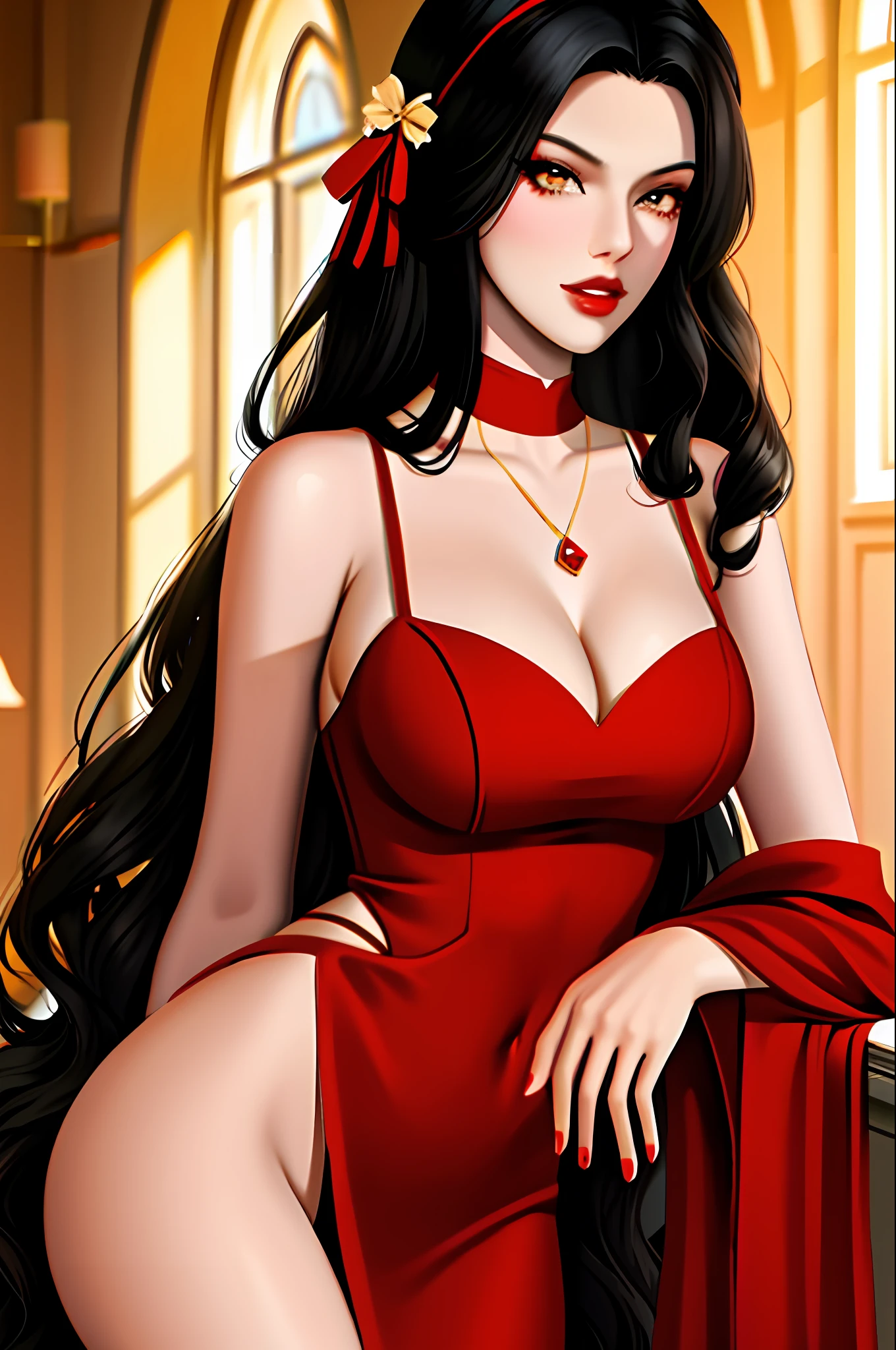 bella goth from sims 4, black hair, dark skintone, red dress