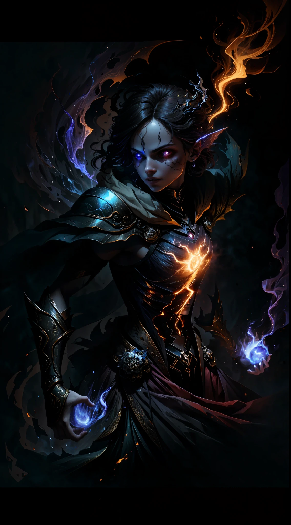 A demon witch casting fire spells, beautiful, very detailed, surreal, cinematic lighting, dark, space background, soft cinematic lighting, (backlight: 1.2), (flare: 1.2), (flash: 1.1), (chromatic aberration: 1.2), clear focus, high contrast, V0id3nergy magic aura, V0id3 energy battle mage, V0id3 nergy cute hollow