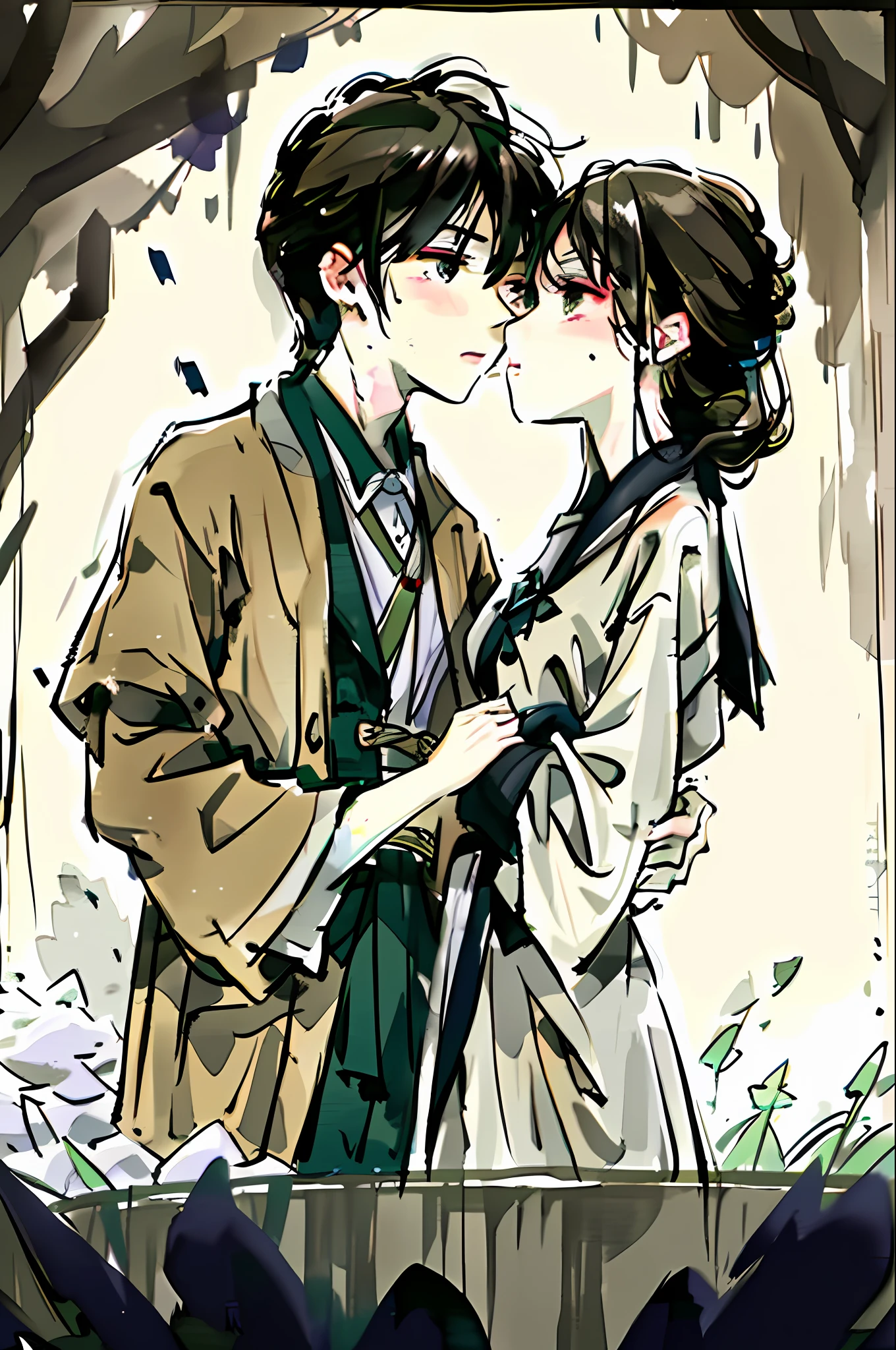 "Brunette son with ((wife)), kissing in the rain, deep affection, small and comfortable room, two people, blurry figure, 8k high resolution, best picture quality, super detail, real and high quality, expressiveness of outstanding details."