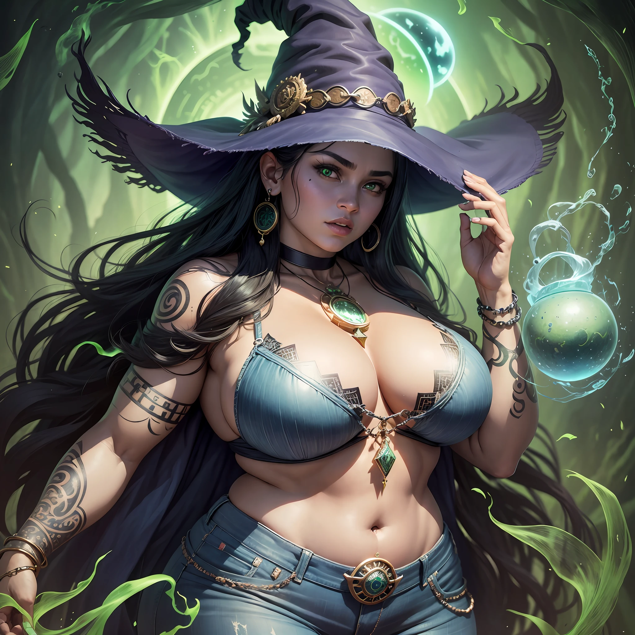 Witch, Brazilian, man, big body, fat, ultra realistic, energy surrounds the character, jeans, white blouse, various amulets by the body, tribal tattoo on the neck, object with the same theme, luminescent eyes and very bright greens, UHD, super defined details --auto --s2