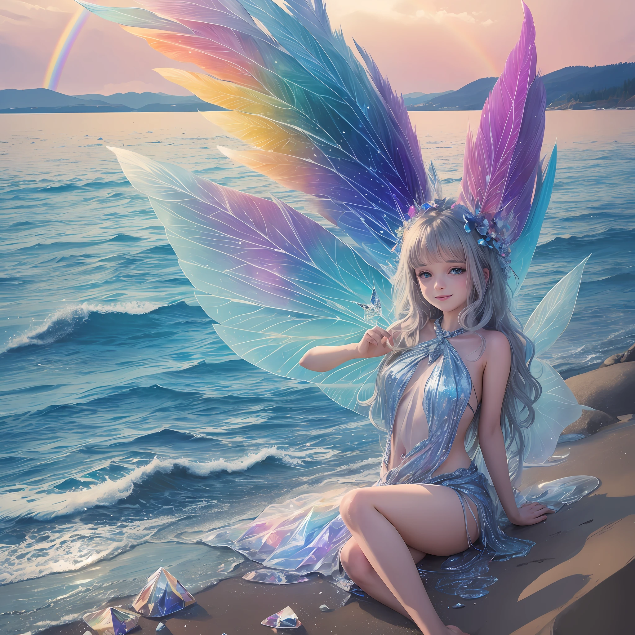 fairy feathers, crystal, glitter, bright smile, mysterious sea, lassen, rainbow, high image quality