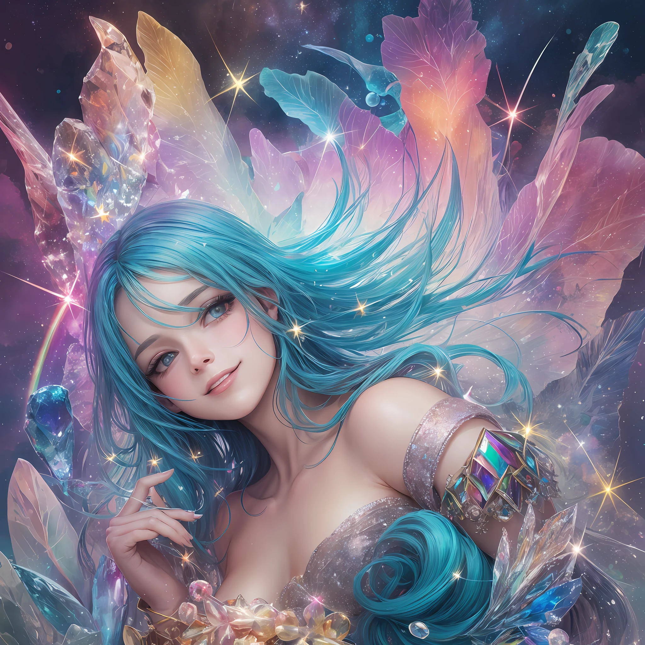 fairy feathers, crystal, glitter, bright smile, mysterious sea, lassen, rainbow, high image quality
