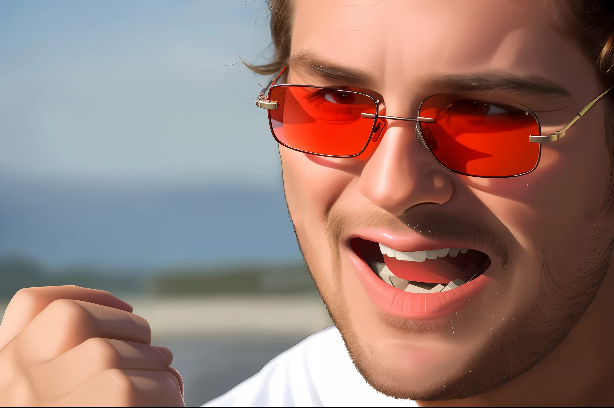 there is a man with red sunglasses on and a white shirt, wearing red tainted glasses, wearing orange sunglasses, implanted sunglasses, wearing oakley sunglasses, wearing cool sunglasses, red sunglasses, wearing sunglasses, spit flying from mouth, wearing mirrored sunglasses, light stubble with red shirt, man screaming, sweaty face, wearing shades, blood seeping from eyes, worms coming out off his mouth, fourth world war in the background, holding a futuristic weapon