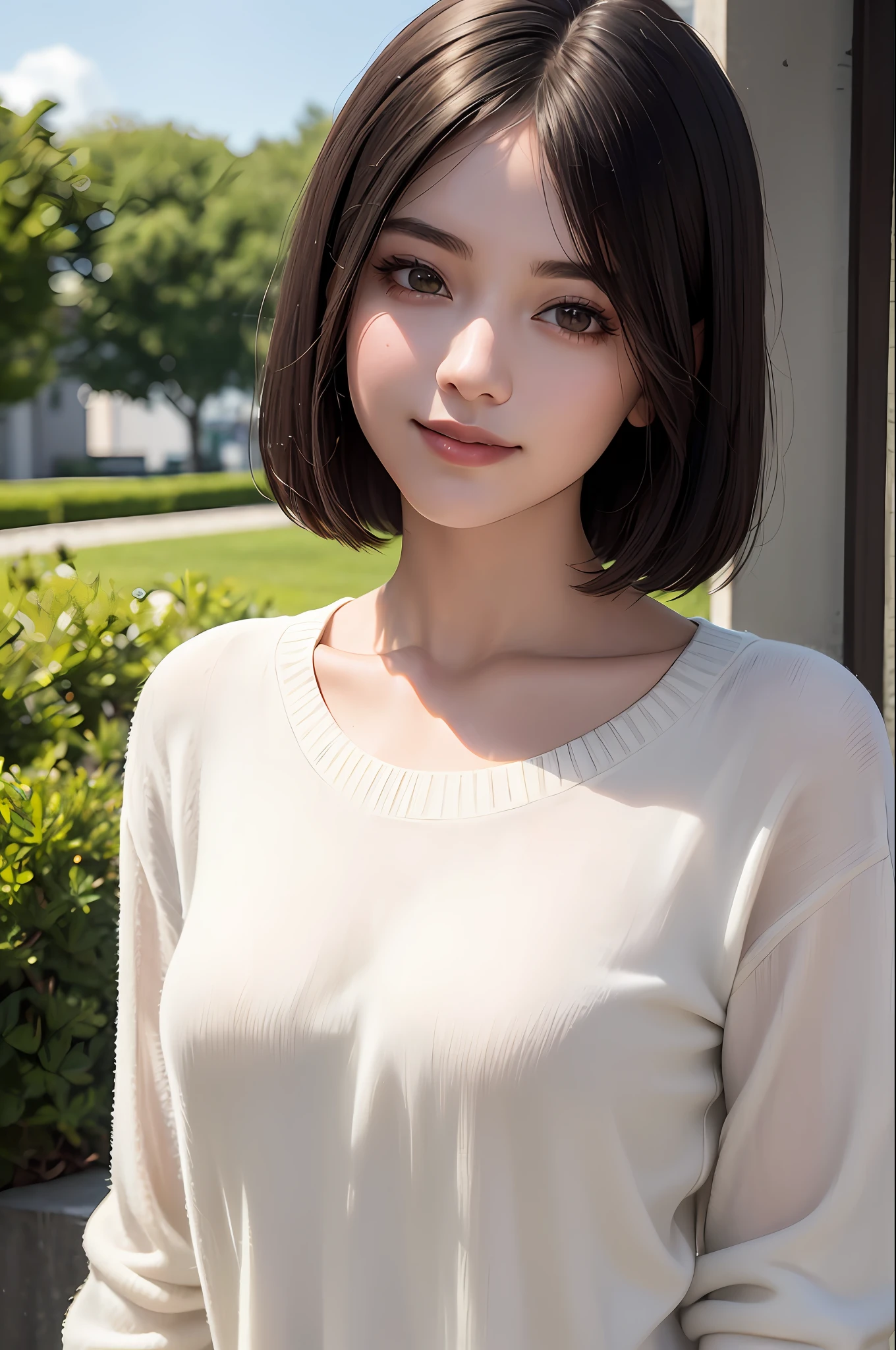 Top Quality, Masterpiece, Ultra High Definition, (Photorealistic: 1.4), Raw Photo, 1 Girl, Dark Hair, Bobbed Bob, Smile, Glossy Skin, Dramatic Lighting, Neatness, T-Shirt, White Summer Sweater, (Big: 0.9), Park