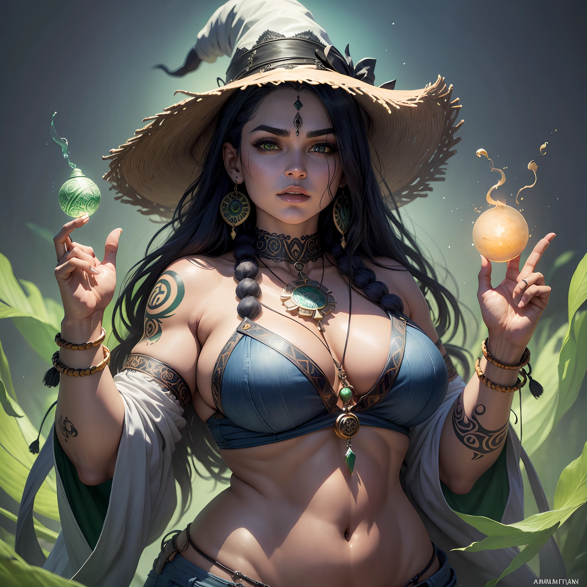 Witch, Brazilian, man, big body, fat, ultra realistic, energy surrounds the character, jeans, white blouse, various amulets by the body, tribal tattoo on the neck, object with the same theme, luminescent eyes and very bright greens, UHD, super defined details --auto --s2