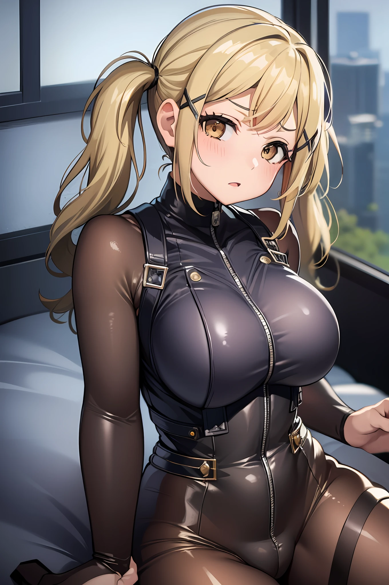 1girl, Arisa ichigaya, x hair ornament, blonde twintails, (bodysuit), sexy body, large breasts, sitting on bed, thighs, crotch