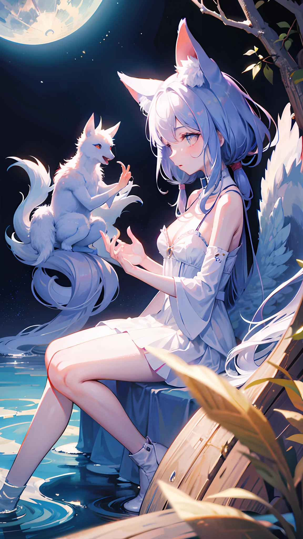 ((absurdres, masterpiece)) sitting on the moon, kitsune, (((spirits))), godly, mythical beasts