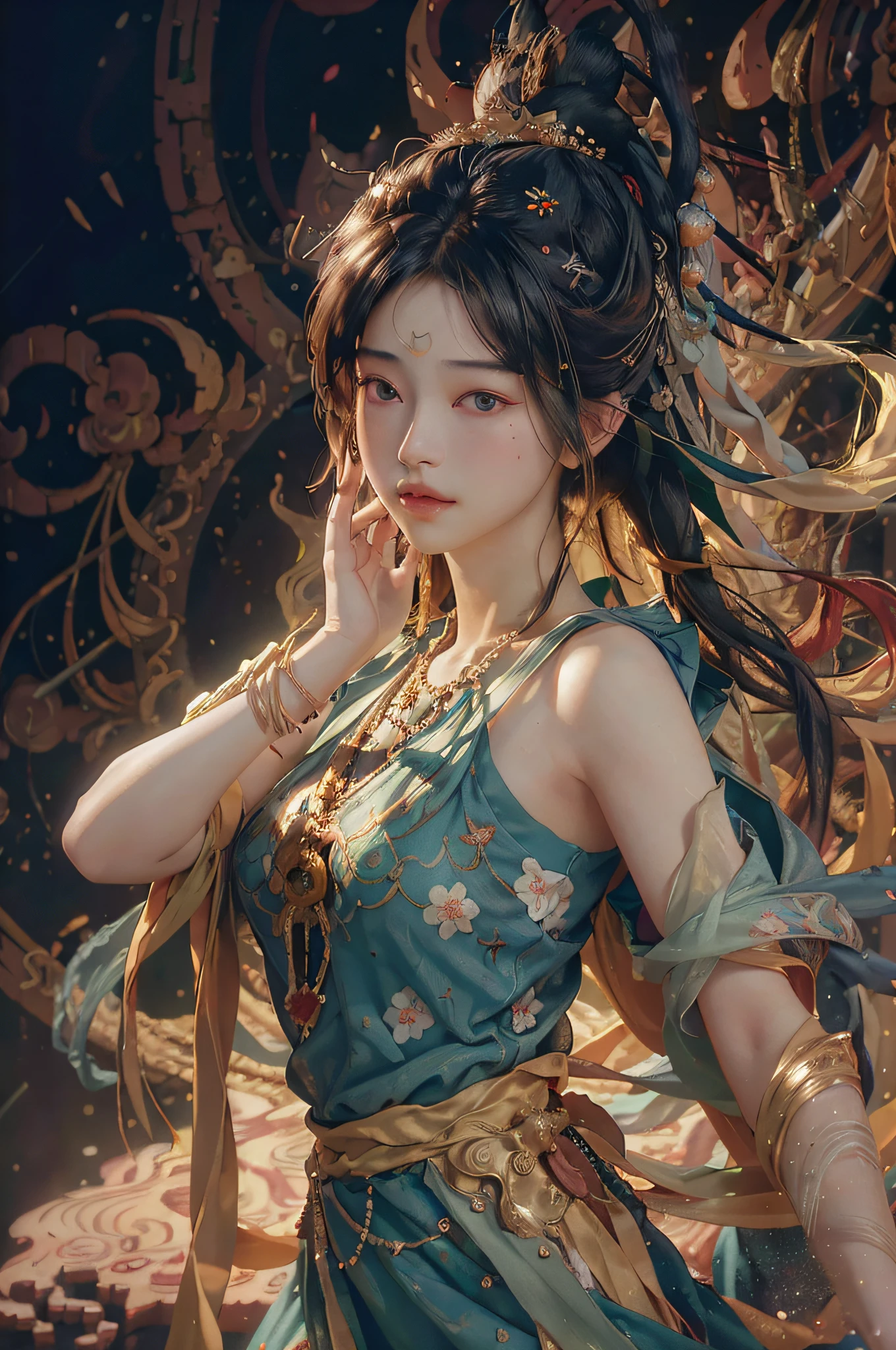 (RAW photo, best quality), (realistic, photo-realistic:1.3),best quality,highly detailed,masterpiece,ultra-detailed,illustration,1girl,upper_body,dynamic angle,world masterpiece theater,messy_long_hair,best quality,extremely detailed CG unity 8k wallpaper,ink,Amazing,cinematic lighting,lens_flare, dunhuang_style