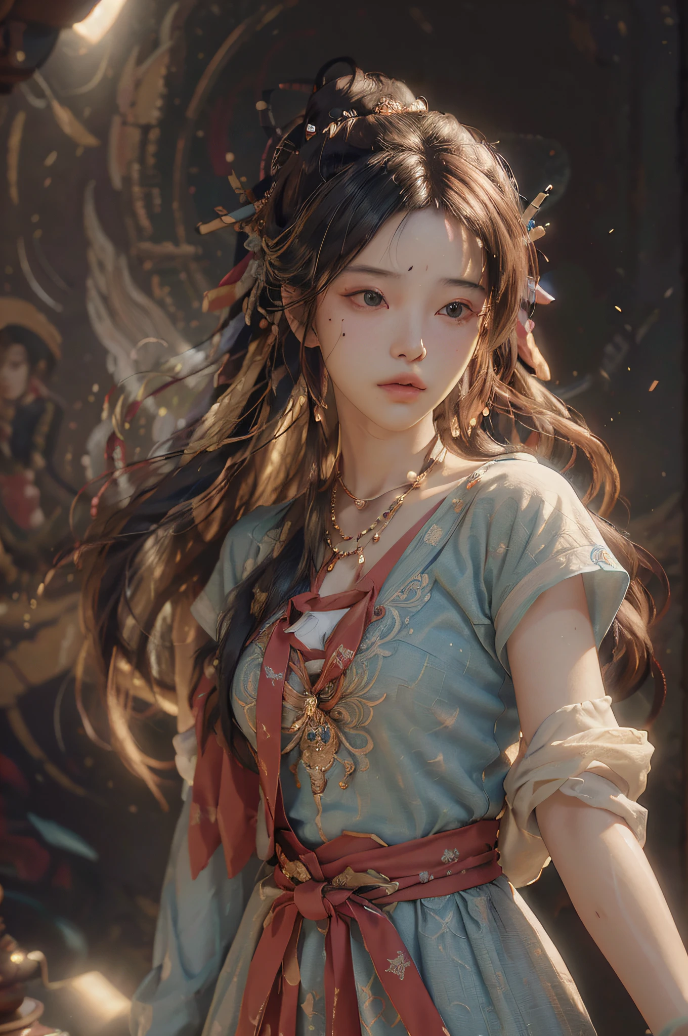(RAW photo, best quality), (realistic, photo-realistic:1.3),best quality,highly detailed,masterpiece,ultra-detailed,illustration,1girl,upper_body,dynamic angle,world masterpiece theater,messy_long_hair,best quality,extremely detailed CG unity 8k wallpaper,ink,Amazing,cinematic lighting,lens_flare, dunhuang_style