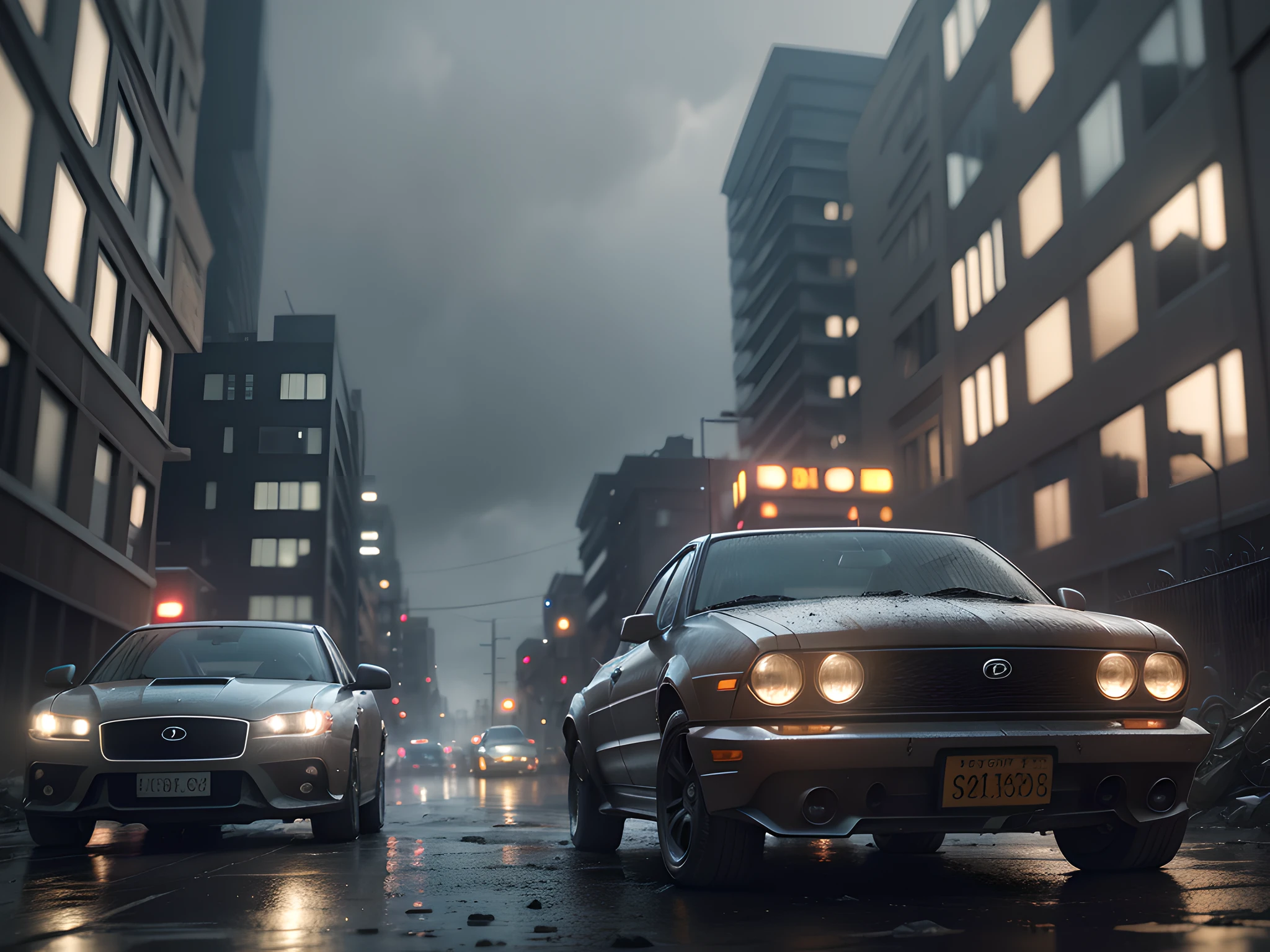 there are two cars that are parked in the dirt, very detailed cinematic, detailed atmospheric and gritty, detailed cinematic render, ps5 cinematic screen capture, hyper-realistic environment, gloomy cinematic lighting, 4k concept art and hyper realism, cinematic environment, rainy day. game render, photorealistic dark concept art, highly detailed cinematic, detailed cinematic shot, environment artist