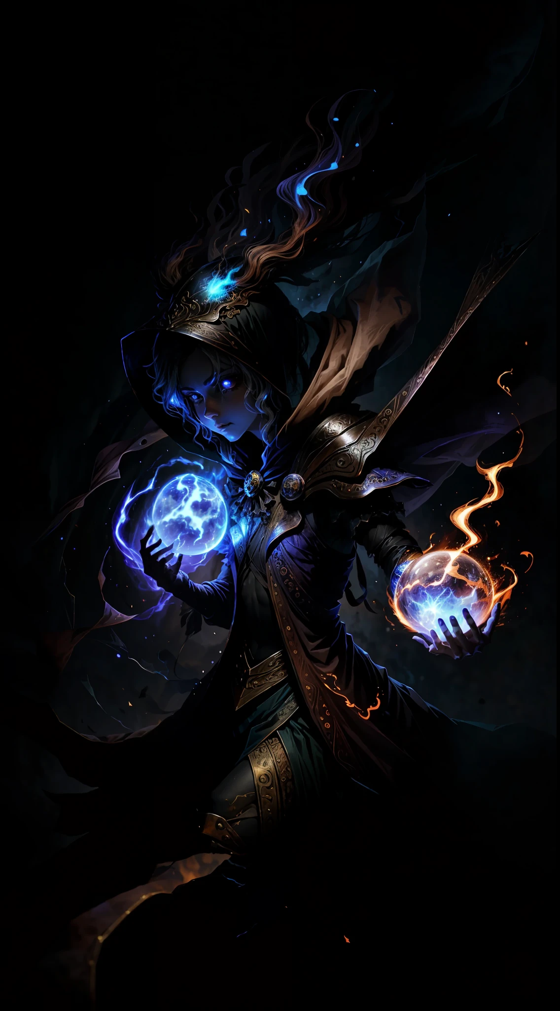 A demon witch casting fire spells, beautiful, very detailed, surreal, cinematic lighting, dark, space background, soft cinematic lighting, (backlight: 1.2), (flare: 1.2), (flash: 1.1), (chromatic aberration: 1.2), clear focus, high contrast, V0id3nergy magic aura, V0id3 energy battle mage, V0id3 nergy cute hollow