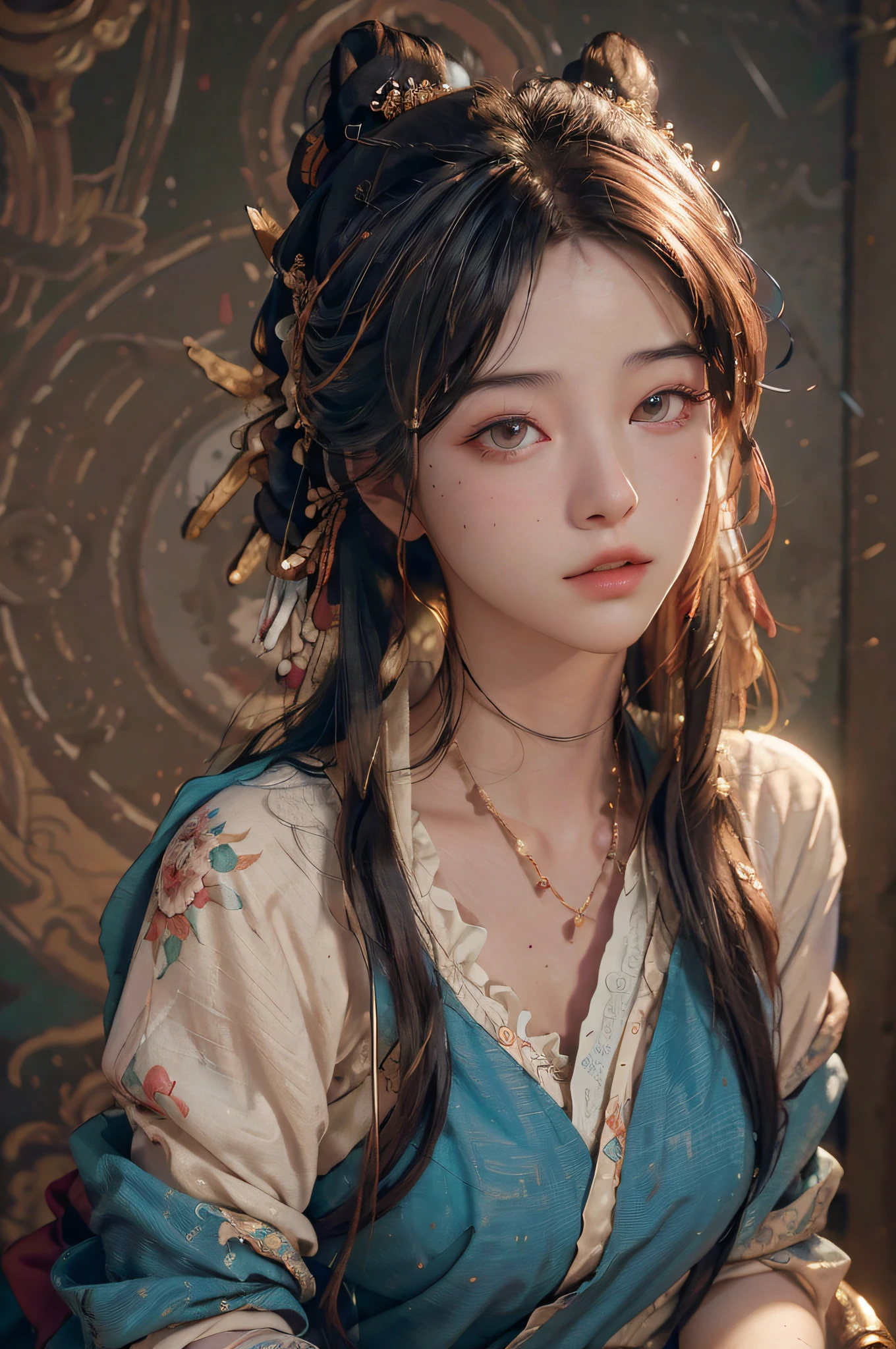 (RAW photo, best quality), (realistic, photo-realistic:1.3),best quality,highly detailed,masterpiece,ultra-detailed,illustration,1girl,upper_body,dynamic angle,world masterpiece theater,messy_long_hair,best quality,extremely detailed CG unity 8k wallpaper,ink,Amazing,cinematic lighting,lens_flare, dunhuang_style