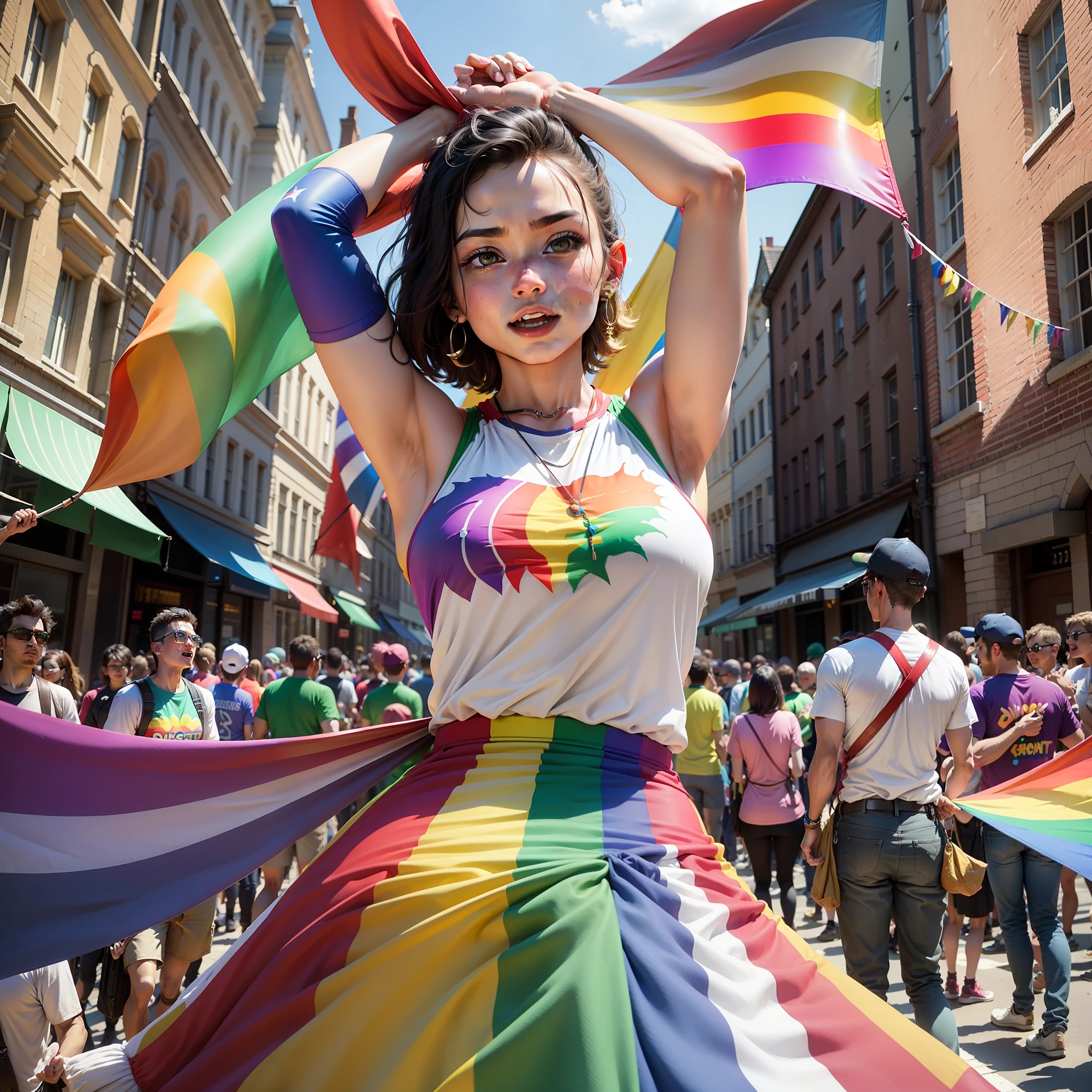 Create an image of Pride Day as a crowd of people, arms raised and the colors of the rainbow on clothing and flags, celebrating diversity and inclusion. --auto --s2