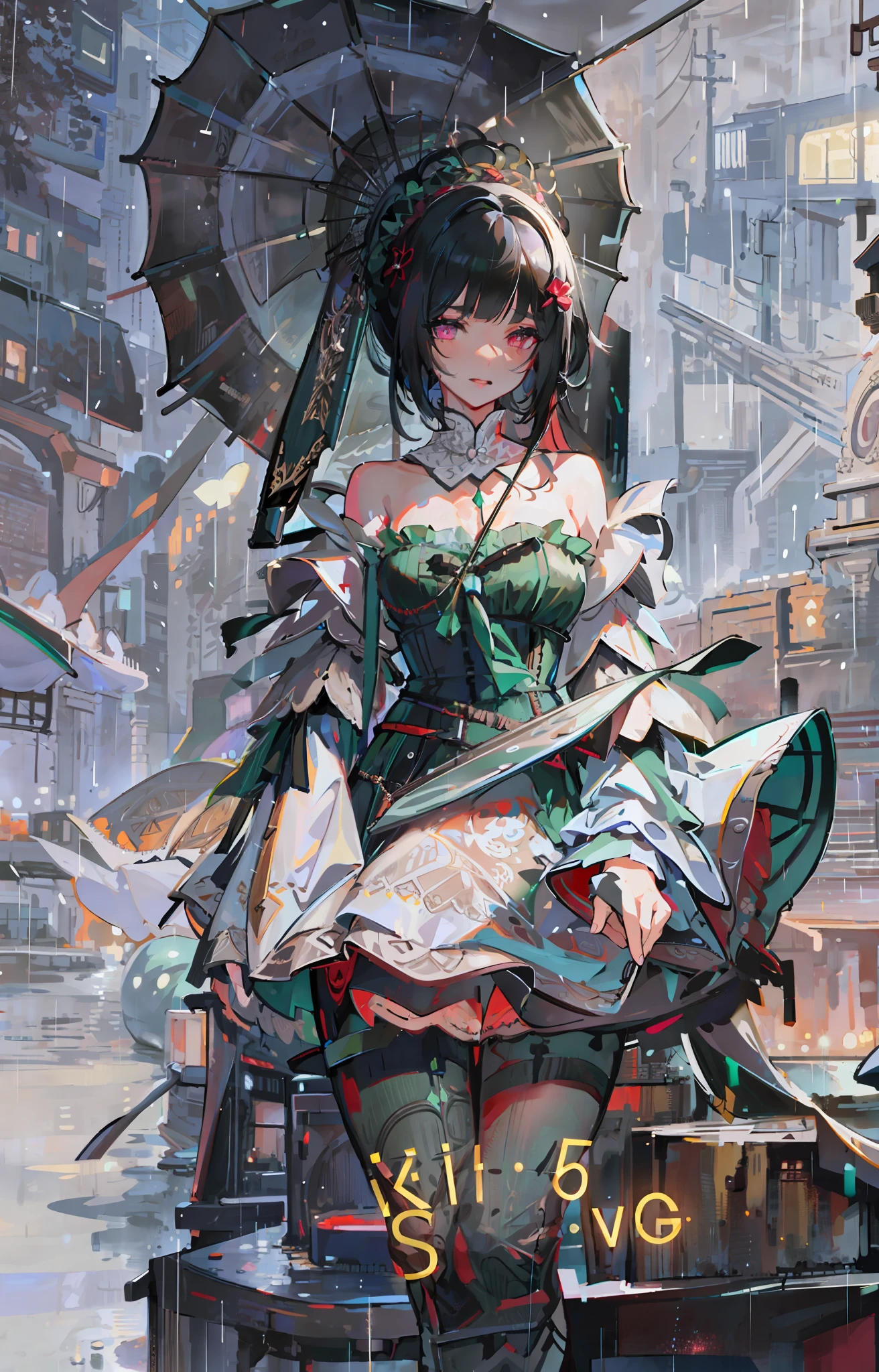 ((Best quality, 8k, lace maxi dress, standing in the rain, red light district, highly detailed face and skin texture, detailed eyes, double eyelids.)