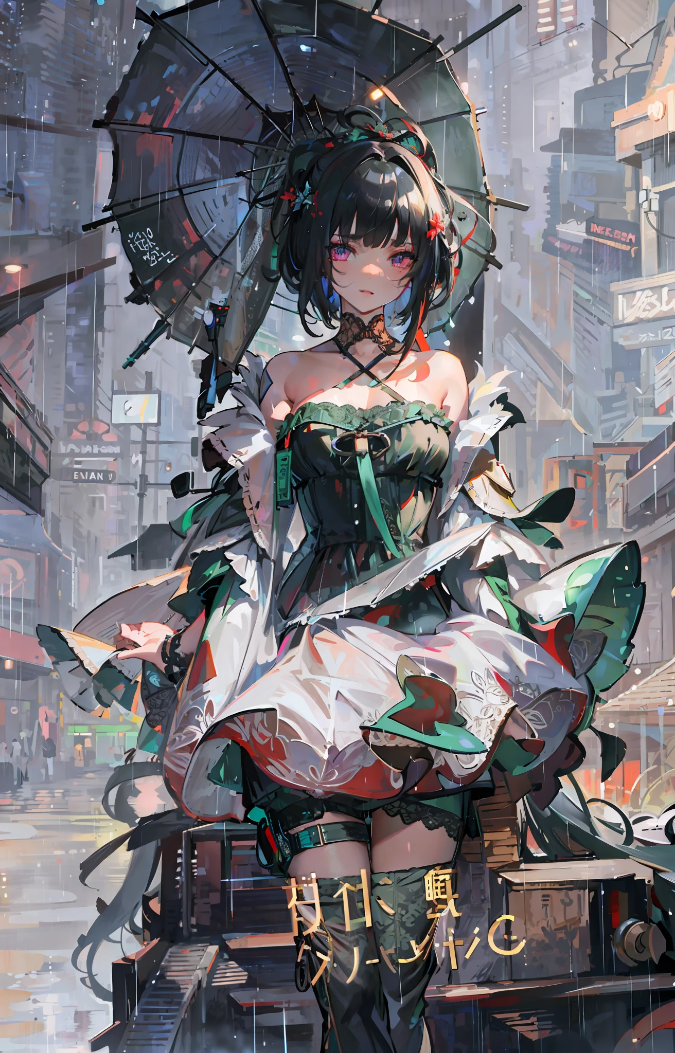 ((Best quality, 8k, lace maxi dress, standing in the rain, red light district, highly detailed face and skin texture, detailed eyes, double eyelids.)