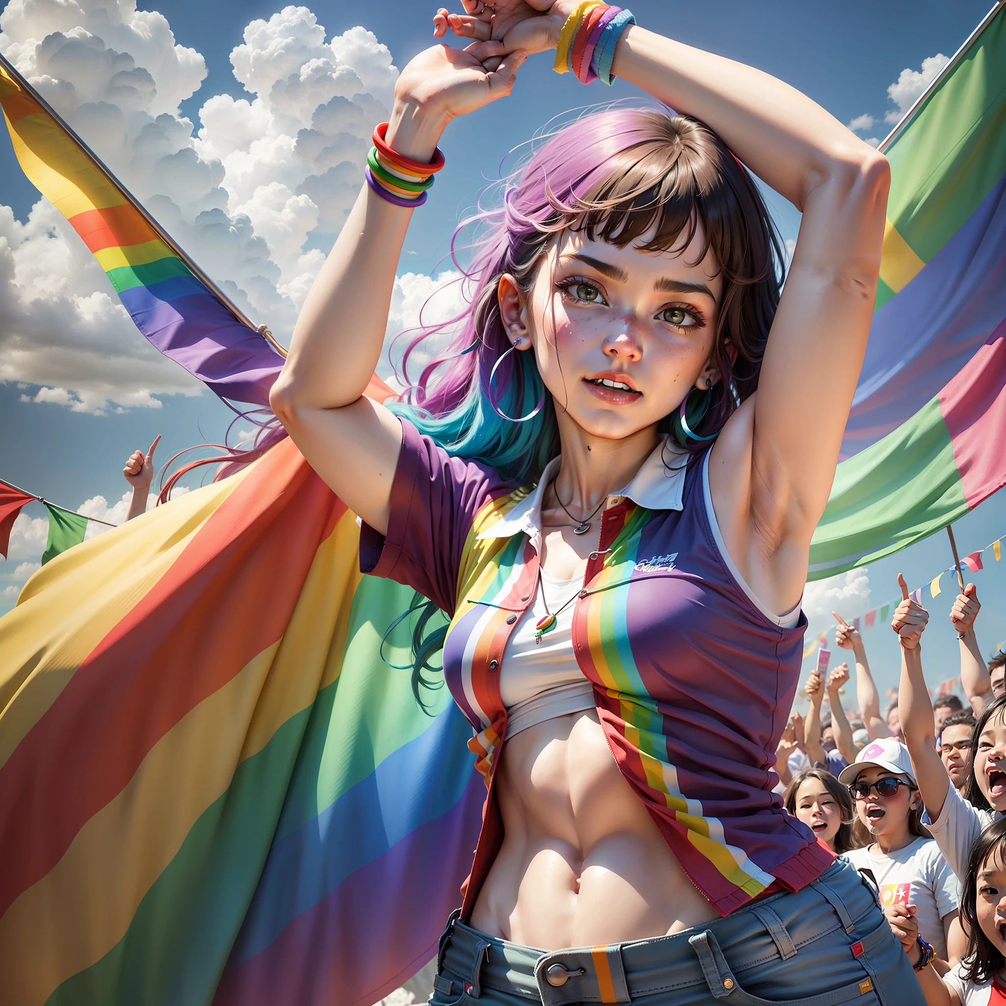 Create an image of Pride Day as a crowd of people, arms raised and the colors of the rainbow on clothing and flags, celebrating diversity and inclusion. --auto --s2