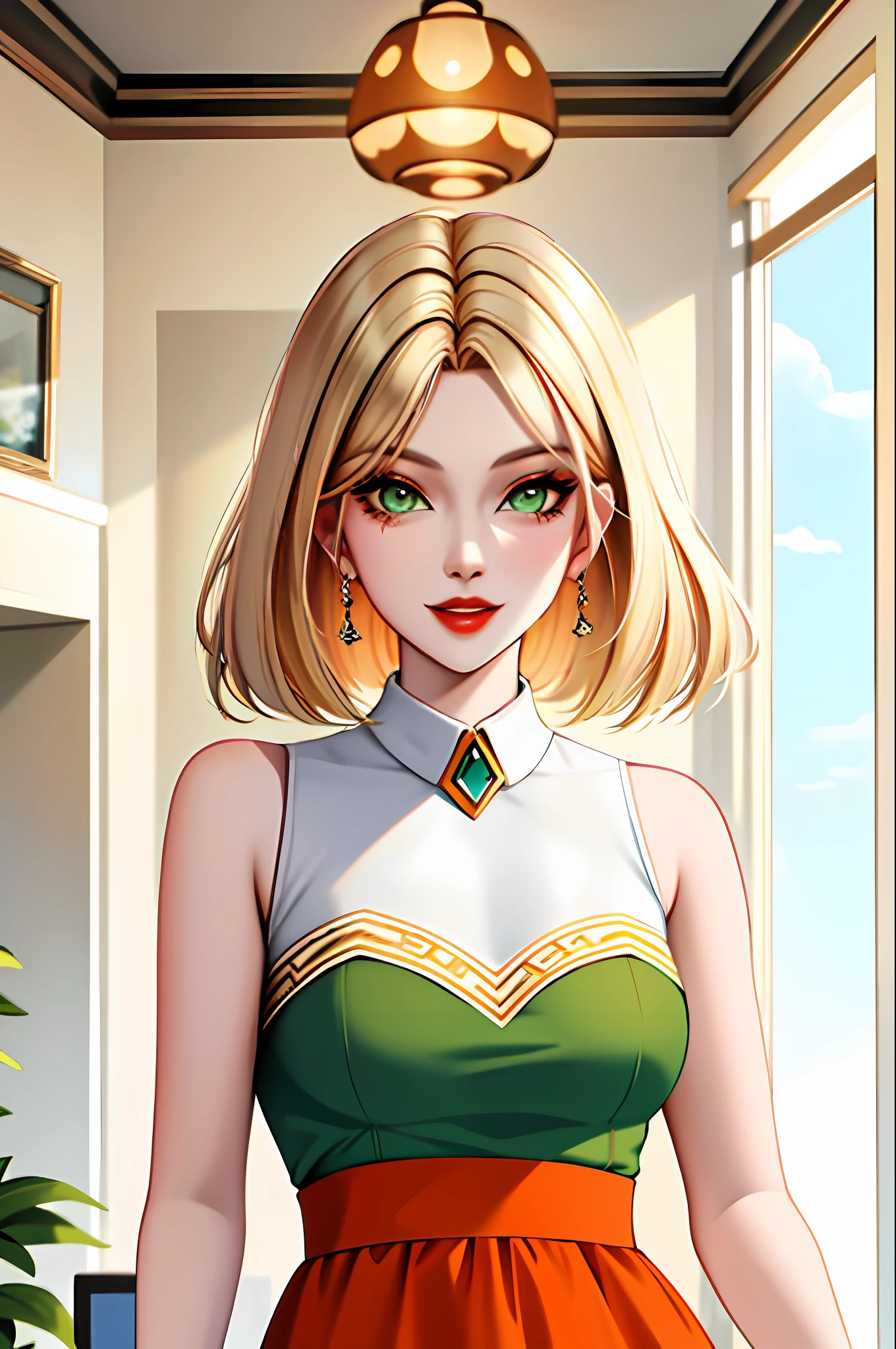 nancy landgraab of sims 4, dark blonde hair, bob hair, green eyes, rich, white sleeveless, orange skirt