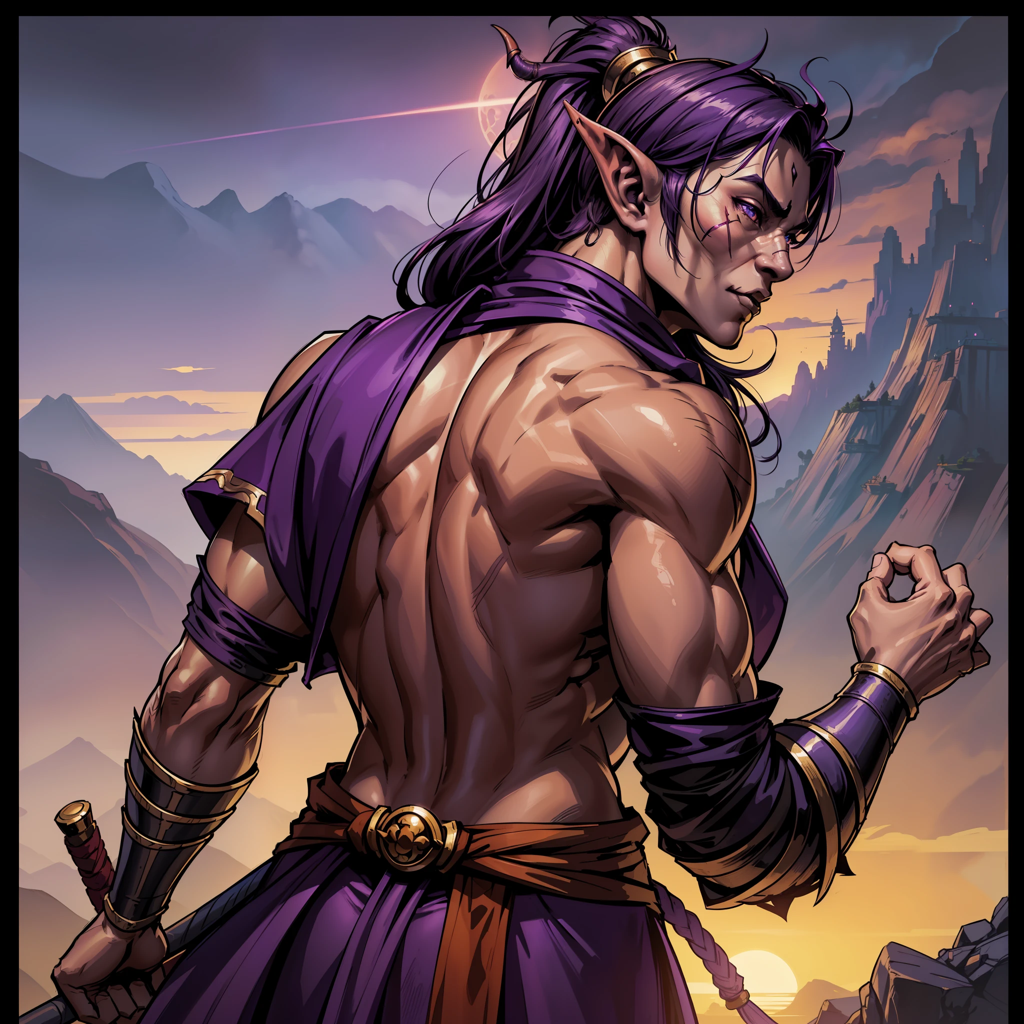 (extremely detailed 8k wallpaper:1.2), (best quality:1.2), (adventure and fantasy theme), profile (Paizo Pathfinder RPG character and Dungeons & Dragons), (man), (((tiefling race))), young, strong, sharp focus, (subsurface scattering:1.1), award-winning photography, ((Monk Class:1.3)), ((half-body shot:1.1)), centered face, long purple hair stuck in samurai ponytail, purple eyes:1.2, Chinese eyes:1.3, two purple horns on the forehead, Chinese, serious, wearing black and purple monk warrior clothes, shirtless, scars on the back, (standing, with his back to oriental background landscape:1.3), (very detailed background:1.2),dramatic lighting, sfw