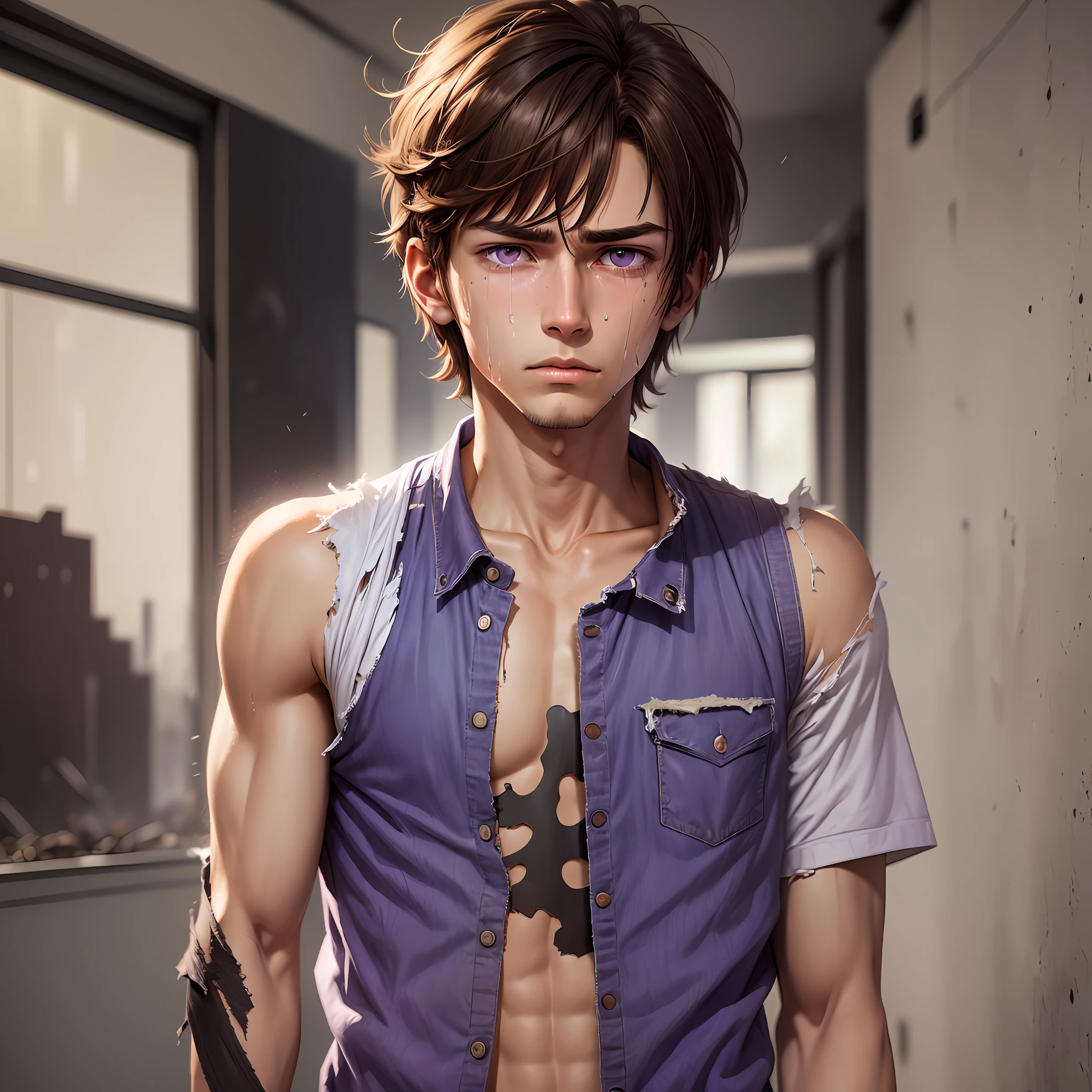 Man, slim body, brown hair, short hair, purple eyes, young 20 years, torn clothes, sad, crying, male, dynamic pose
