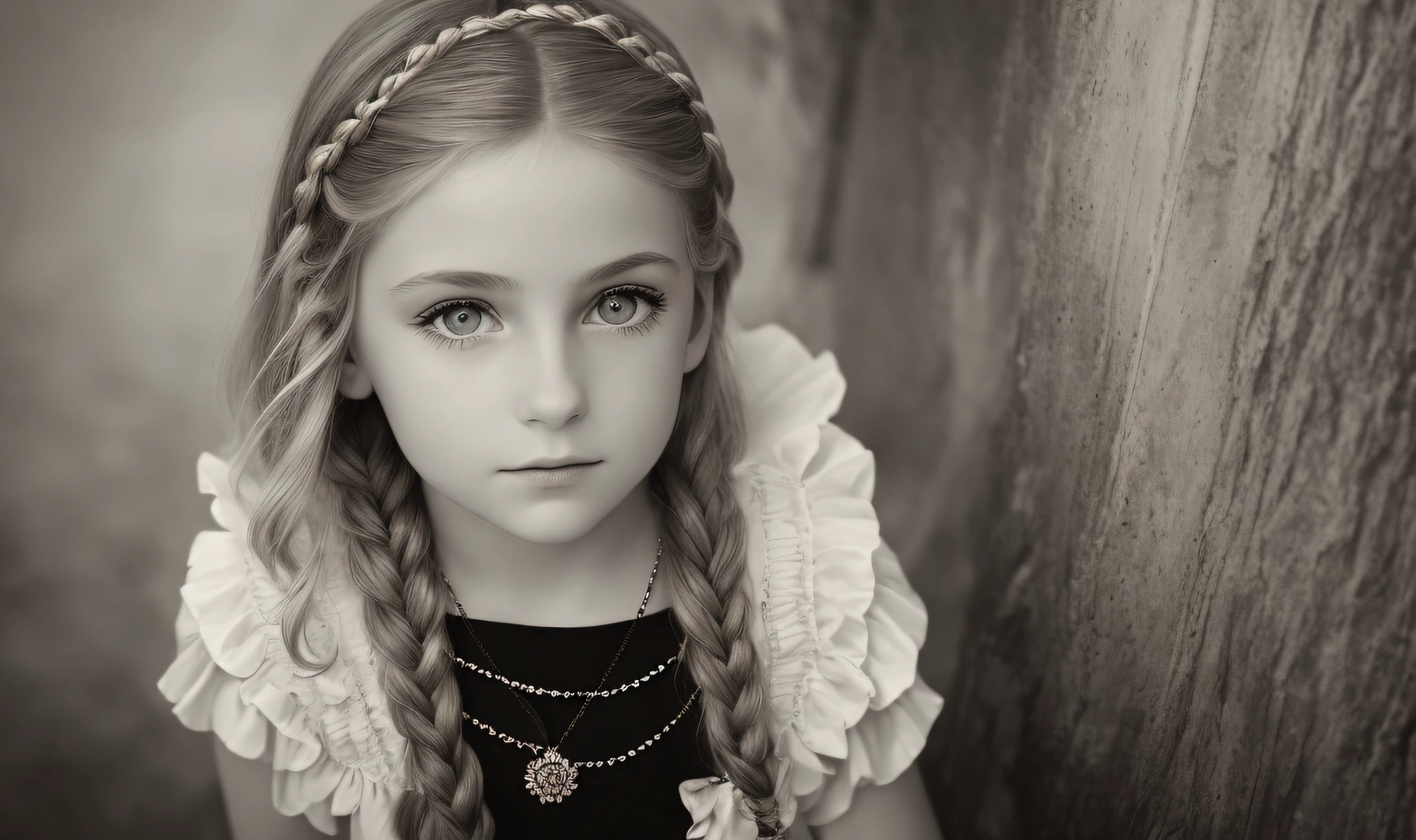((Masterpiece, Superb, Super Detailed, High Resolution)), solo, beautiful girl RUSSIAN CHILD IN BRAIDS , bright eyes, perfect eyes, 15 years, black and white gold theme,