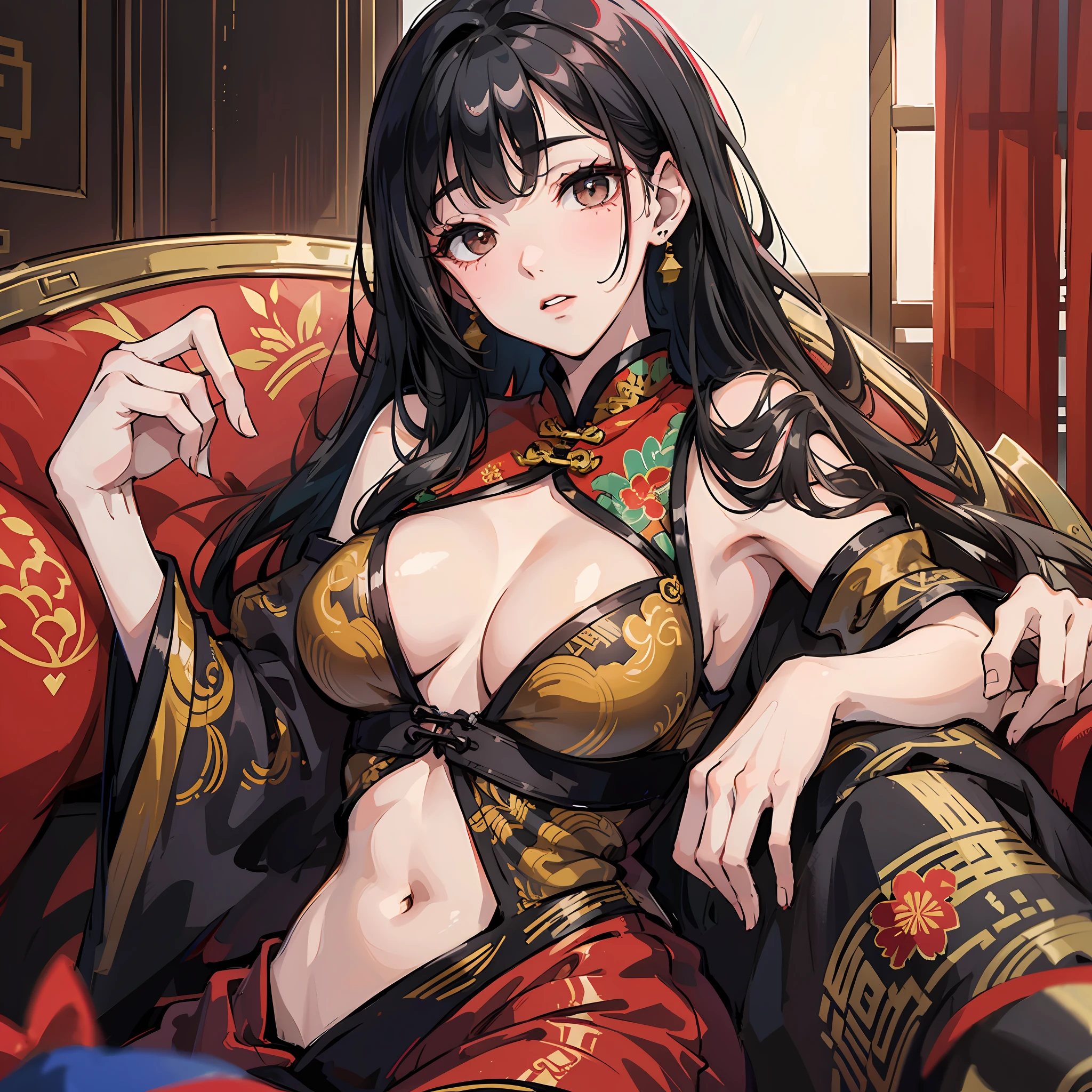 Woman, cheongsam, black hair, lying on the sofa --auto --s2