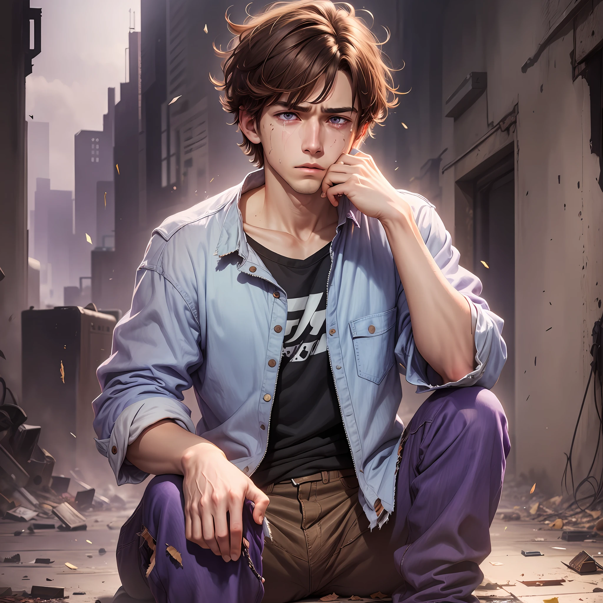 Man,brown hair, short hair, purple eyes, young 20 years, torn clothes, sad, crying, male, dynamic pose