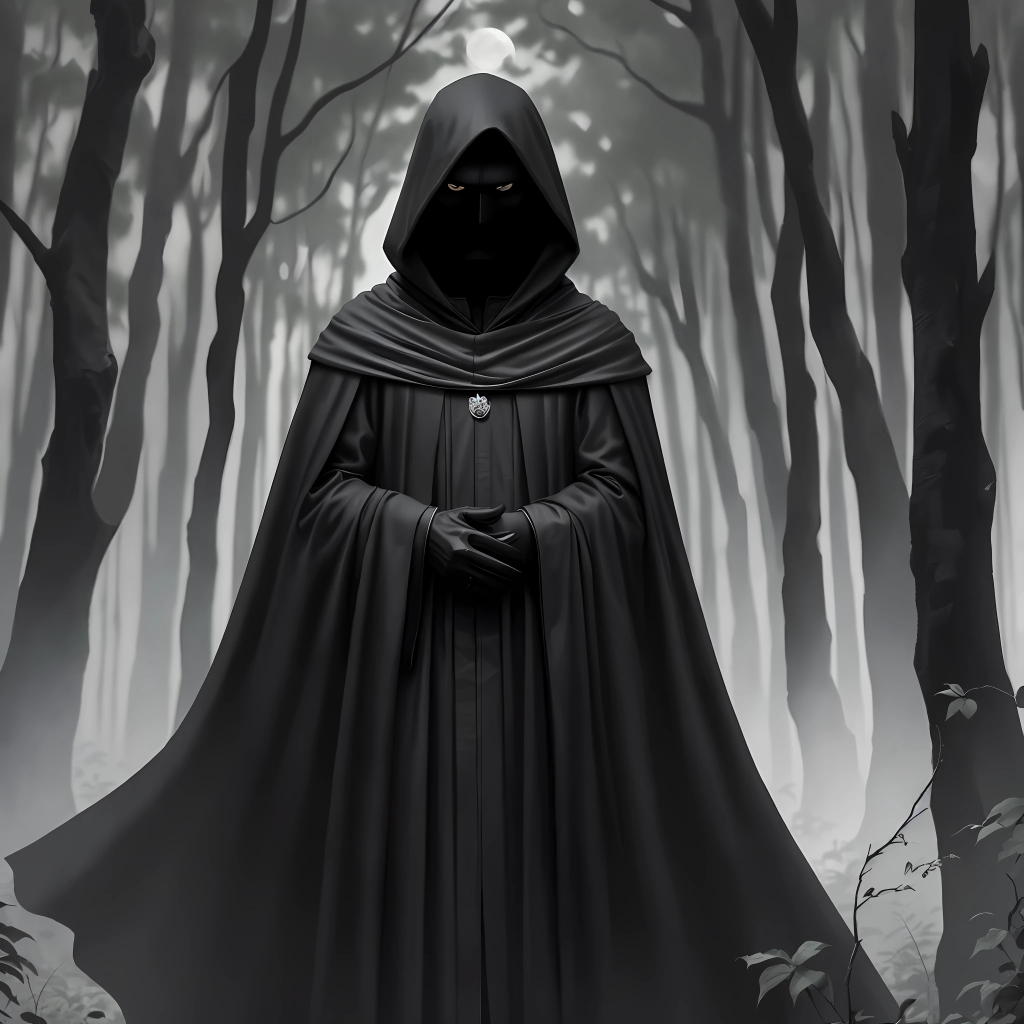Thin demon man with black cape without showing his face in the middle of the forest, a black man with black glove and mask, in the outdoor forest on the full moon with the extremely dark scenery