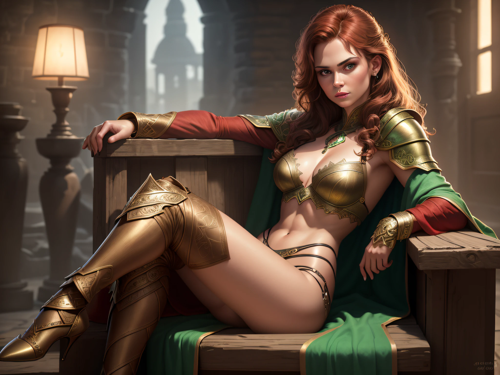 color photograph, ((a realistic photo of a beautiful girl)), glowing light, ((glowy skin)), (fit body:1.0), detailed illustration, masterpiece, (masterpiece, best quality), beautiful Russian woman, barbarian armor, sultry face, 1lady, solo, open red robe, brown hair, sultry green eyes, dungeon, small breasts, narrow hips, sitting on a throne, parted lips, high heels
