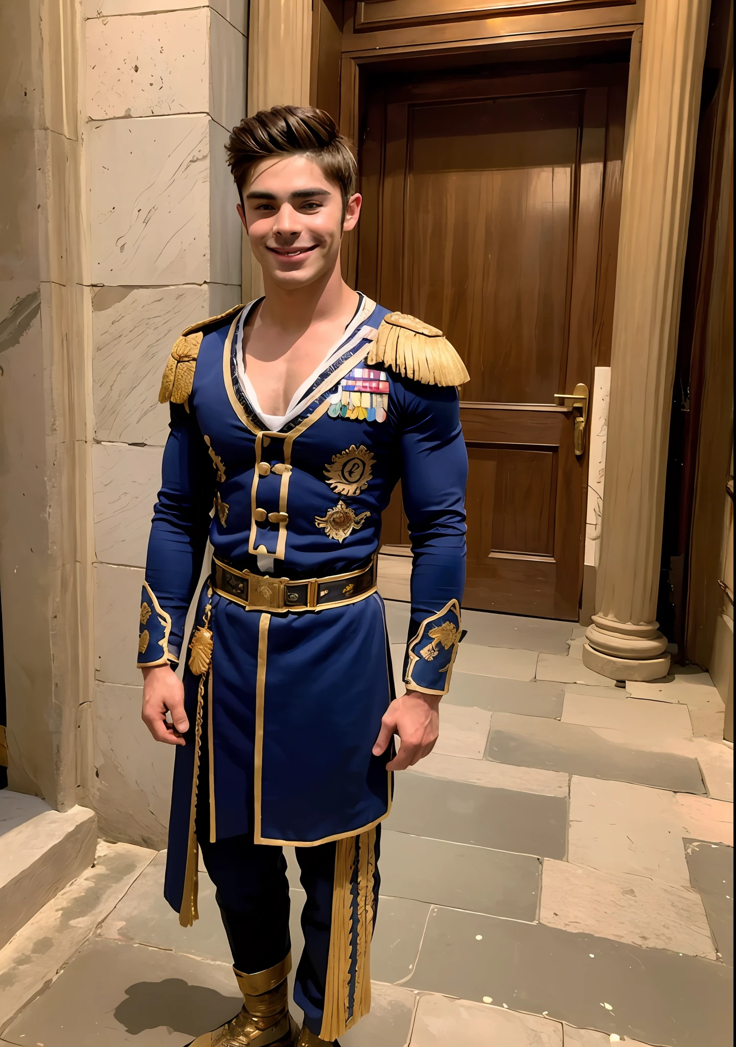 Handsome zac efron. 25 years old. Smiling face. (fit body: 1.5), (big muscle: 1.4). ((Dressed in ancient Roman soldier's clothing.)) Standing in A Palace of Ancient Rome