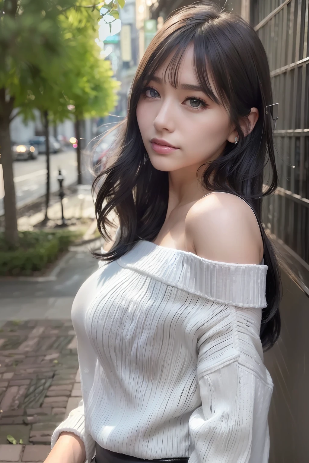 ((Best Quality:1.2, 8k, photo realistic:1.2, Masterpiece:1.2, super fine :1.2, a beautiful women, back light, Highly Detailed face Textures, detailed beauty makeup, realistic skin, detailed double eyelids, black eyes, detailed bangs)), (large breast), (((white off-shoulder sweater))), ((hot pants)), (park background), (embarrassed), (detailed Brilliant shiny black on light flipped hair hair),((overhead shot))