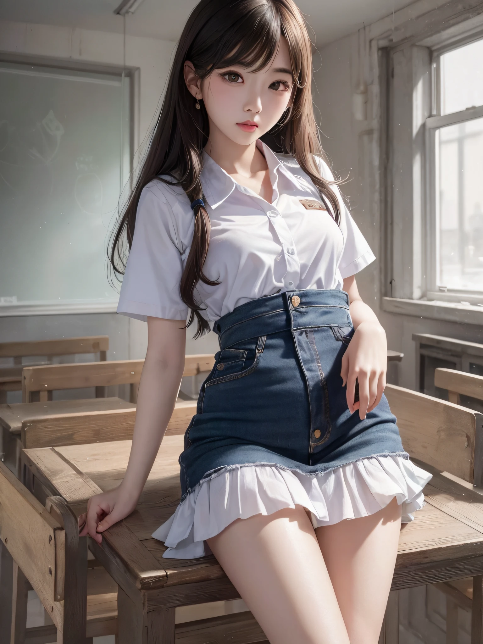 1 Girl,ulzzang-6500-v0.7,(Raw Photos:1.2),((Photorealistic:1.4))Top quality masterpiece,Illustration, Very delicate and beautiful, Highly detailed,CG,Unity,8k wallpaper, amazing, fine details, masterpiece,official art,highly detailed CG Unity 8k wallpaper,absurd, incredibly absurd,cute,student,uniform,classroom