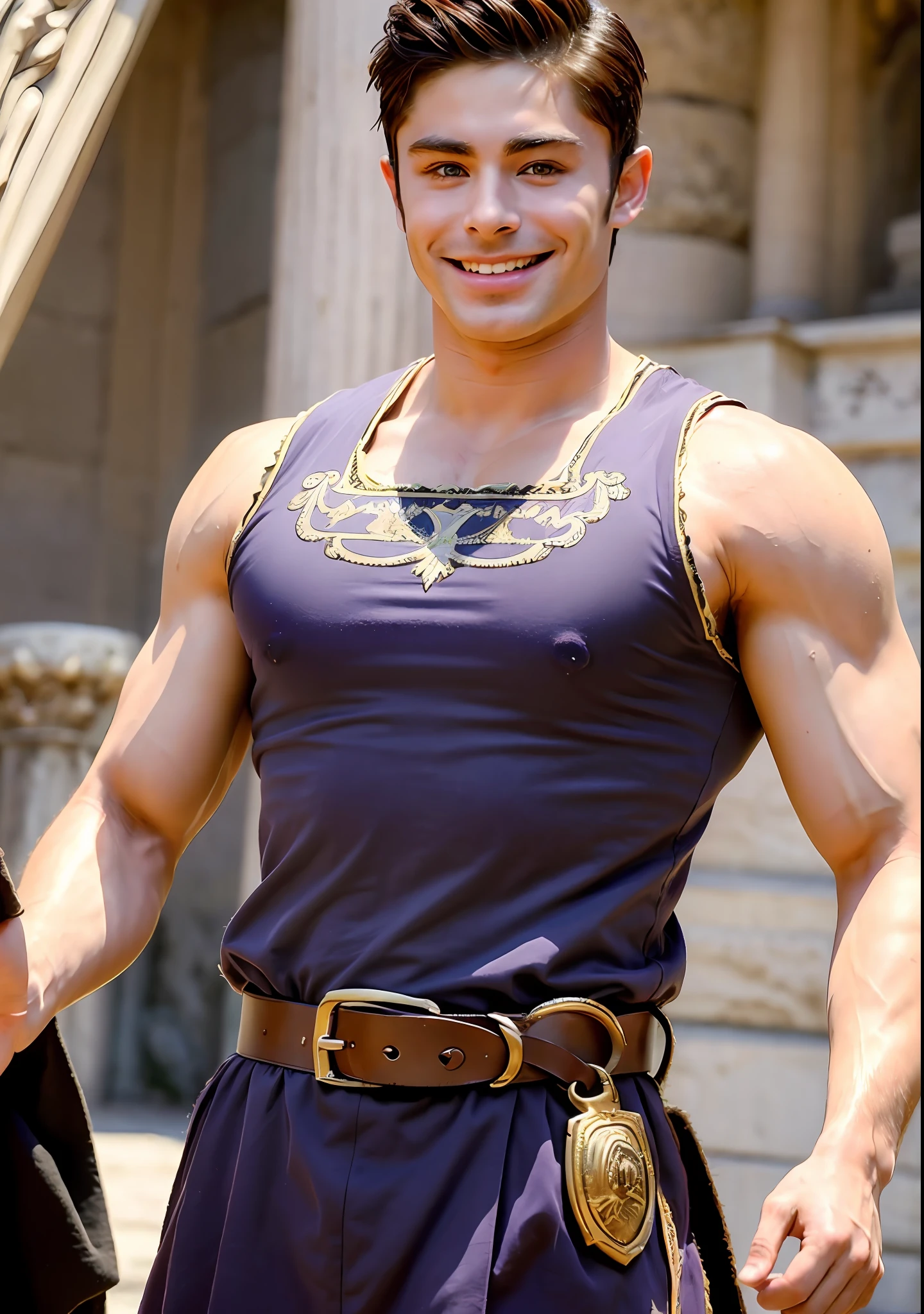 Handsome zac efron. 25 years old. Smiling face. (fit body: 1.5), (big muscle: 1.4). ((Dressed in ancient Roman soldier's clothing.)) Standing in A Palace of Ancient Rome