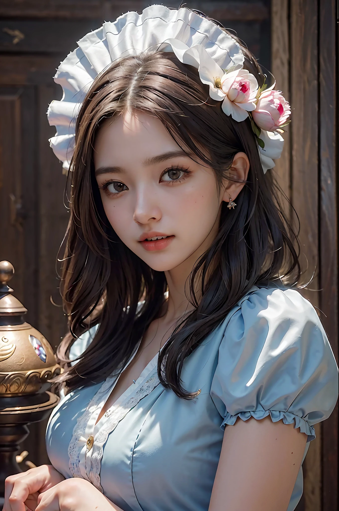 (Masterpiece, Best Quality, Beautiful Quality, Realistic, Looking at the Viewer, Detailed Lighting, Extremely Detailed Skin, Extremely Detailed Hair, Extremely Detailed Teeth, Shadows, 8K: 1.2), (Photo of a Woman, 1 Girl: 1.2), Blushing, Shyness, Big, Puff Sleeves, Fan Skirt