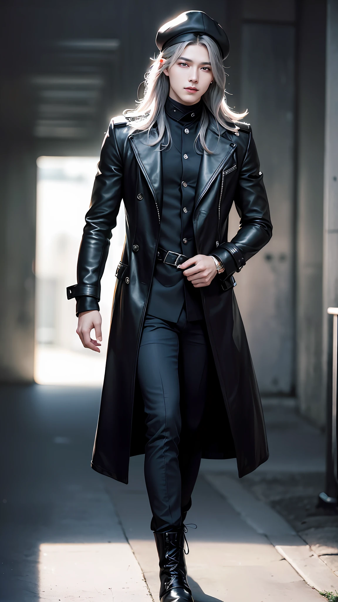 handsome man with grey hair wearing a long leather coat, man wearing a black bonet, man with grey messy long hair, combat boots, in a dynamic pose, holding his hat, sci fi, (8k, RAW photo, photorealistic:1.25) ,( lipgloss, eyelashes, man, gloss-face, glossy skin, dark skin, dark snik, male, best quality, ultra highres, young man, depth of field, chromatic aberration, caustics, Broad lighting, natural shading,Kpop idol) looking at viewer with a serene and god-like happiness, playful smirk