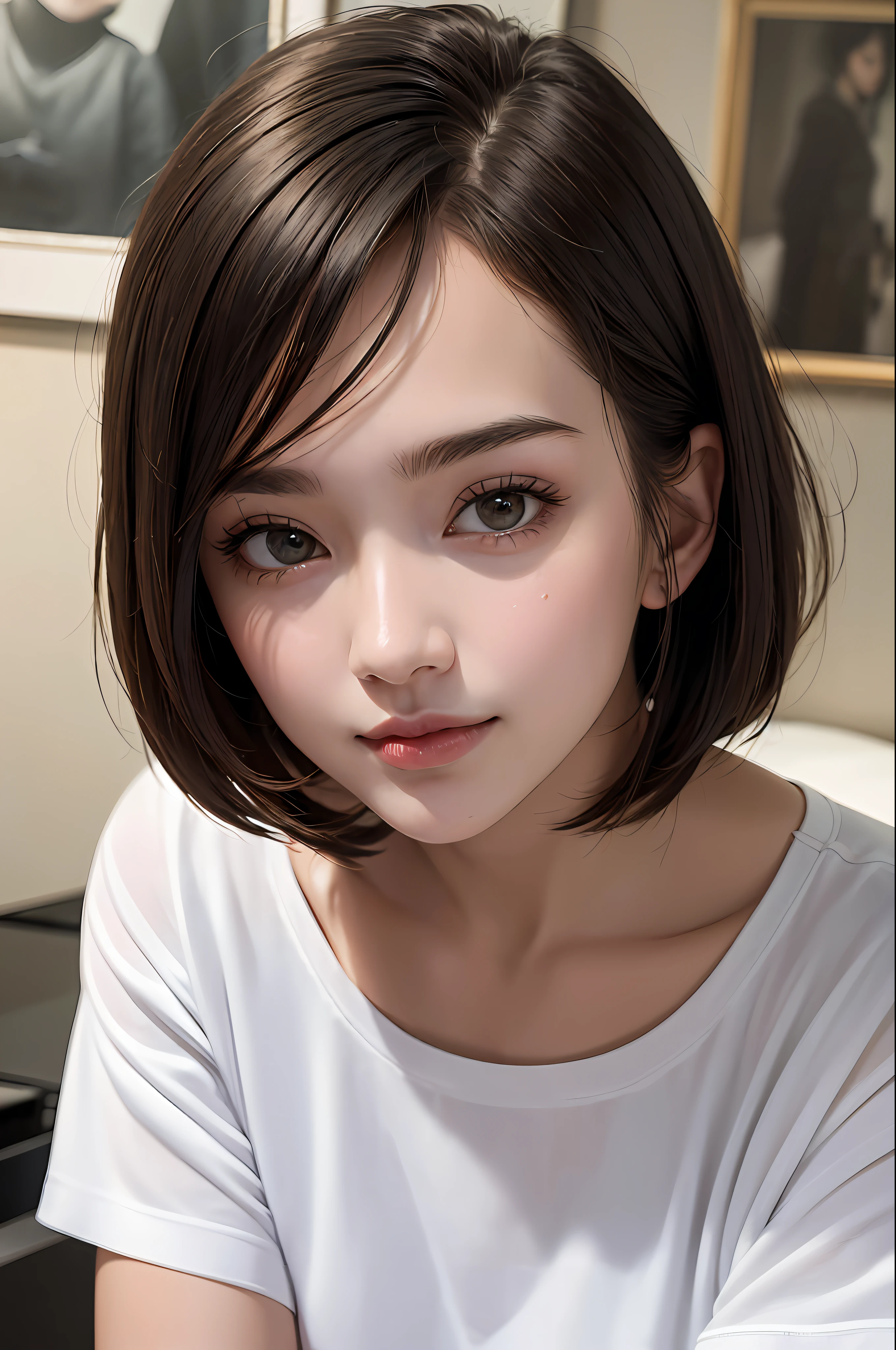 Top Quality, Masterpiece, Ultra High Definition, (Photorealistic: 1.4), Look Off, Don't Look Viewer, Raw Photo, One Girl, Dark Hair, (Straight Bob: 1.4), Patsun, Smile, Glossy Skin, Dramatic Lighting, Neat, T-Shirt, White Summer Sweater, (Big: 0.9), Park