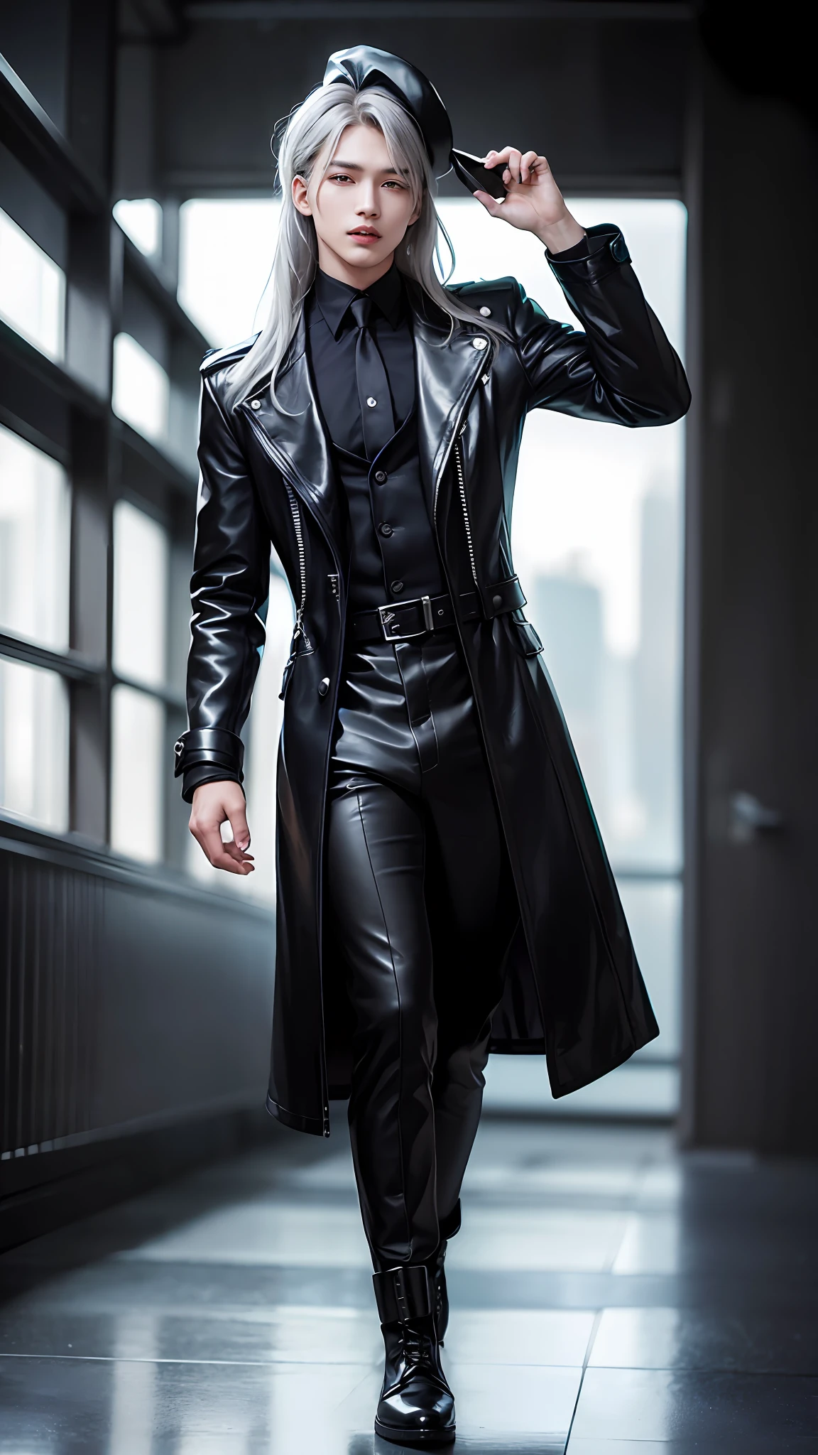 handsome man with grey hair wearing a long leather coat, man wearing a black bonet, man with grey messy long hair, combat boots, in a dynamic pose, holding his hat, sci fi, (8k, RAW photo, photorealistic:1.25) ,( lipgloss, eyelashes, man, gloss-face, glossy skin, dark skin, dark snik, male, best quality, ultra highres, young man, depth of field, chromatic aberration, caustics, Broad lighting, natural shading,Kpop idol) looking at viewer with a serene and god-like happiness, playful smirk