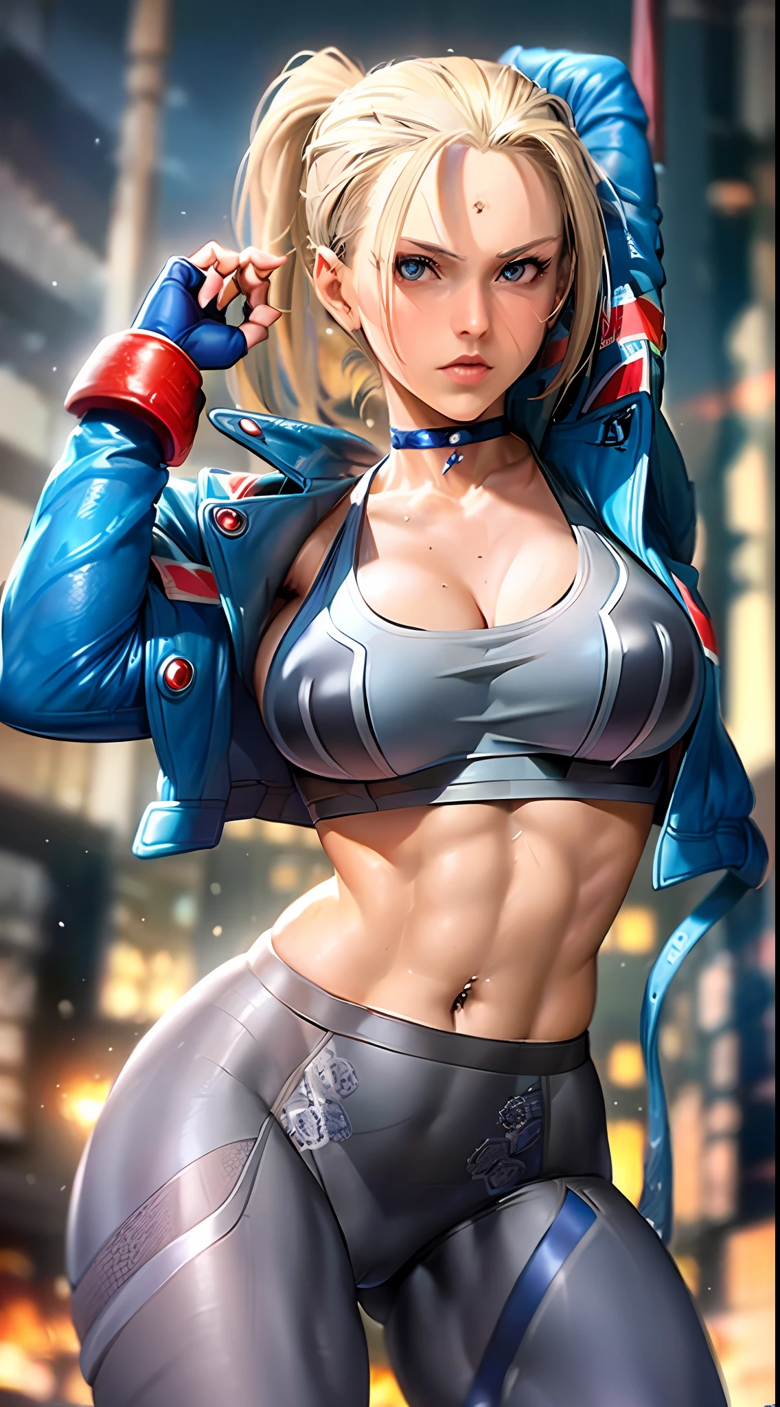 ((masterpiece)), ((best quality)), (ultra-detailed), ((sexy)), ((extremely detailed)), 4K, (8K), best quality, (beautiful), (((Cammy))), Cammy white, Cammy from street fighter 6, ((1girl)), ((scar from left side face)), ((mature women)), open navel, midriff, (((medieval city)), desert, morning, (((dark grey sports bra)))), (((beautiful blue eyes)), ((blue jacket)), beautiful shiny hair, (((dark grey pantyhose)))), muscular body, choker, (huge ass fitness 1.5) , big ass up for camera.