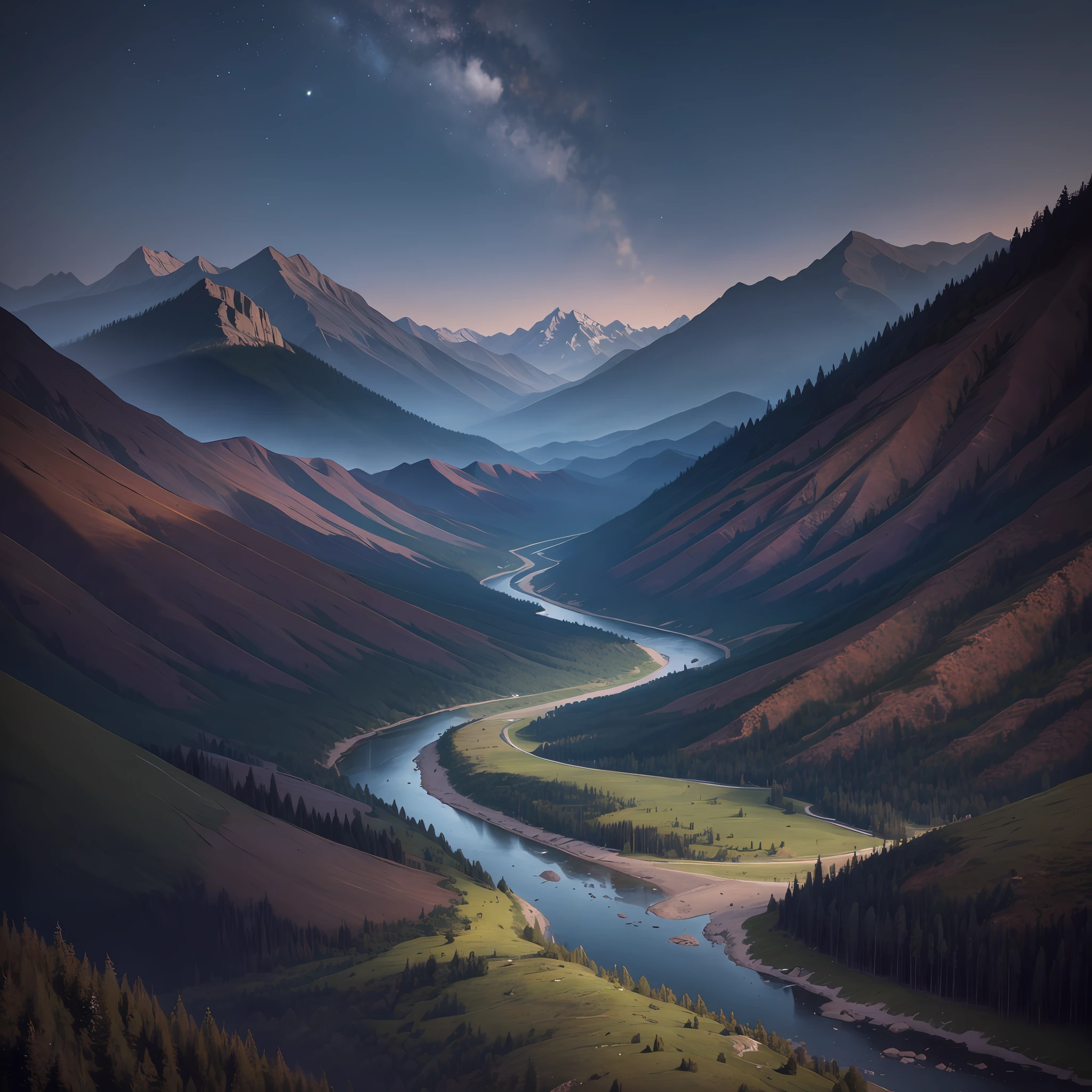 Mountains, Scrub, Nighg, Plains, Foothills, River Between Mountains