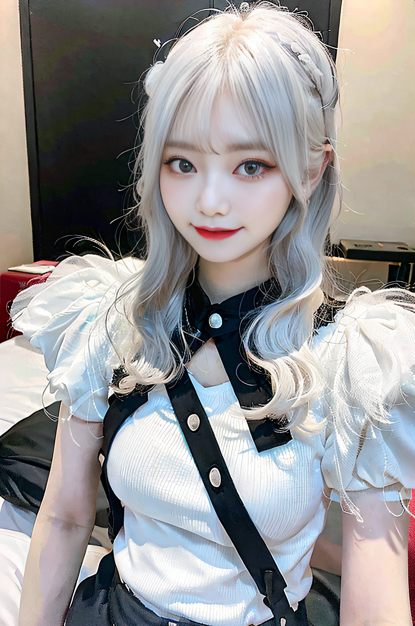 21 year old gal Korean, white hair, many eyelashes, eyeshadow, hanging eyes, half-closed eyes, round , thin legs, hotel bed, evil smile, devilish smile