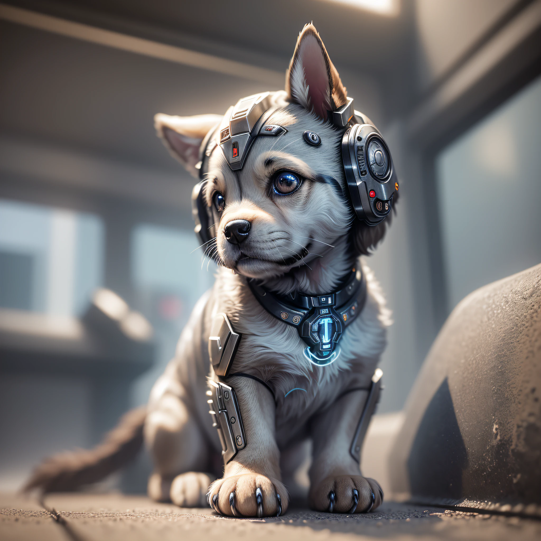 A cute puppy made of metal, (cyborg: 1.1), ([tail|detailed wire]: 1.3), (intricate detail), hdr, (hyperdetailed: 1.2), cinematic lens, halo shadow, centered --auto --s2