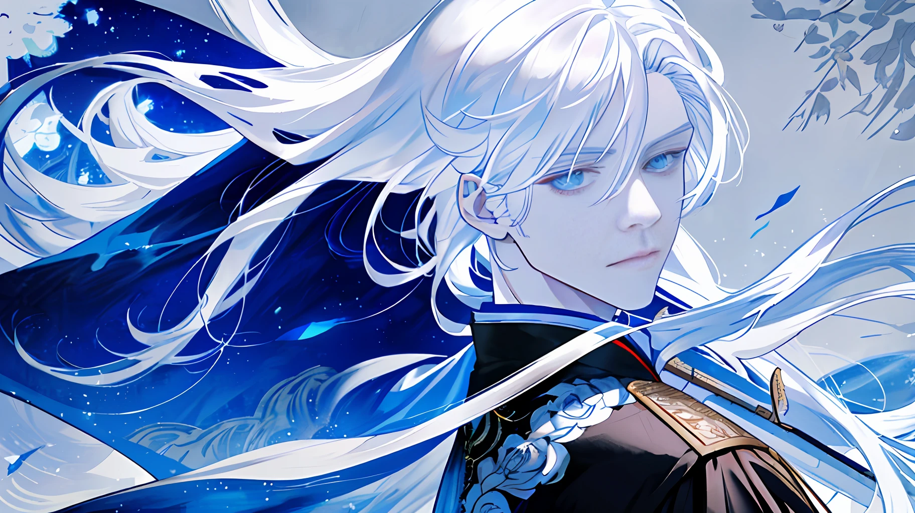 Close-up of a man with white hair and sword, long white hair, long white hair, Guvez style artwork, white hair, beautiful boy, beautiful character painting, white hair, anime characters, extreme picture quality, 4k, withering rose, broken sense, big scene, boys, snow mountain