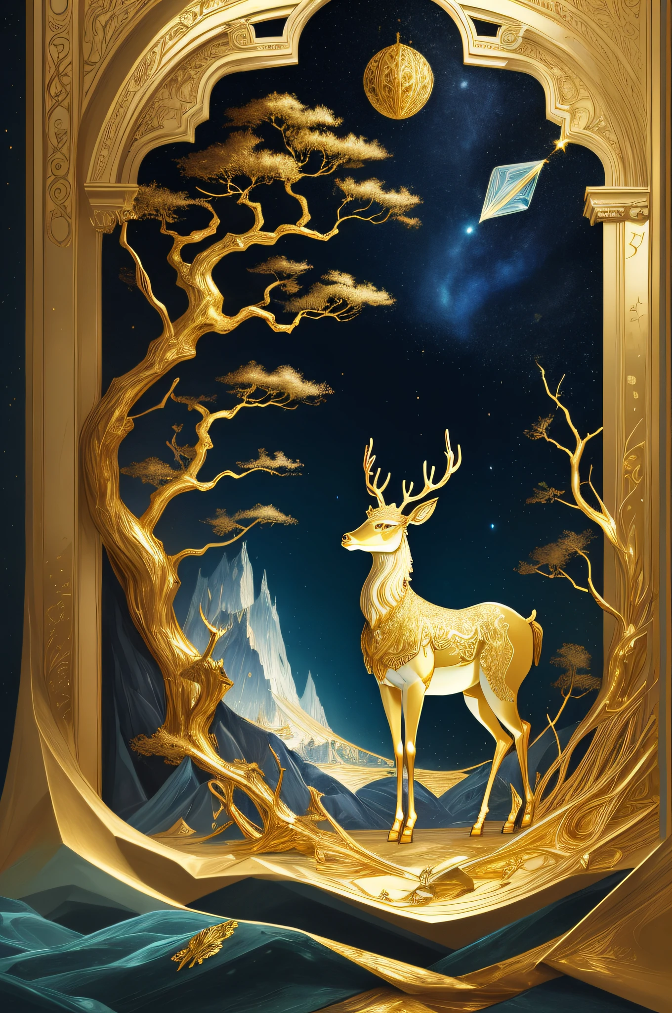 (((Masterpiece))), best quality, illustrations, beautiful details glowing with golden deer, hotel dotted night sky
paper_cut, fantasy, intricate details, no people, trees, gorgeous and palatial, there is a painting of a golden deer walking on the beach, contemporary art collage, stone, glass and gold, paper-cut collage artwork, touch of gold leaf, abstract natural landscapes, contemporary collages, in surreal dreamscapes, baroque marble and gold in space, gold leaf art, gold leaf paintings, majestic landscapes, marble and suggestive gold, ultra-refined