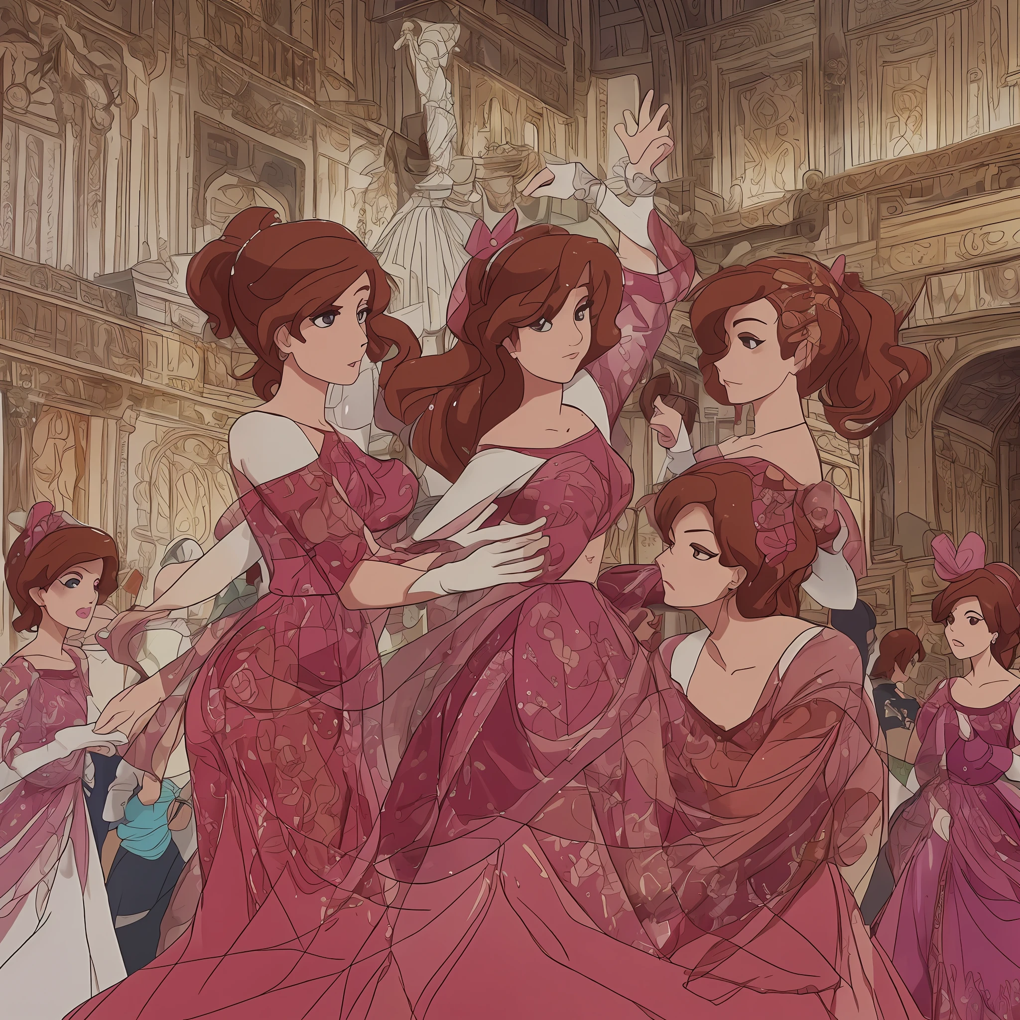 {{Mature female}}, {{{thousands of sisters, millions of sisters, billions of sisters}}}, {{{3girls, sisters, identical sisters, crowd, crowded, surrounded}}}, brown hair, wavy hair, matching hairstyle, brown eyes, red dress, matching dress, white elbow gloves, red high heels, matching outfit, full body, all sisters dancing, sisters dancing in sync,{{masterpiece}}, {{ballroom}}, high quality, {{extremely detailed anime screencap}}