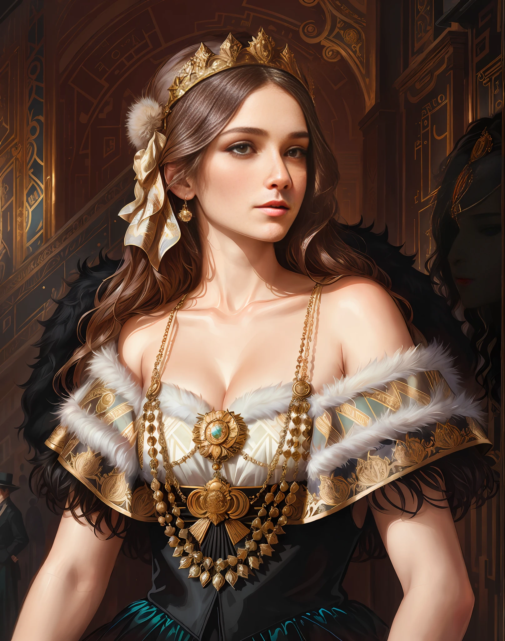 (Positive Focus, Original Photo), Portrait Close-up, (In the Dark:1.1), Surrealist Female Portrait David Hockney and Alphonse Mucha, fantasy art, 1 girl, dressed in gorgeous fur, photorealistic, dynamic lighting, art station, poster, volumetric lighting, very detailed faces, 4 K, winner, 1 girl, shadow, understated, (official costume: 1.4, gorgeous furs, complex costumes, furs), looking at the camera, half-length lenses, ((realistic face))),